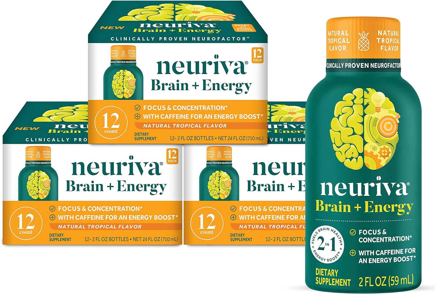 NEURIVA Brain   Energy Supplement with Clinically Tested Neurofactor For Focus & Concentration, Vitamin B12, & 150mg of Caffeine For An Immediate Energy Boost, 36ct Tropical Flavor Shots