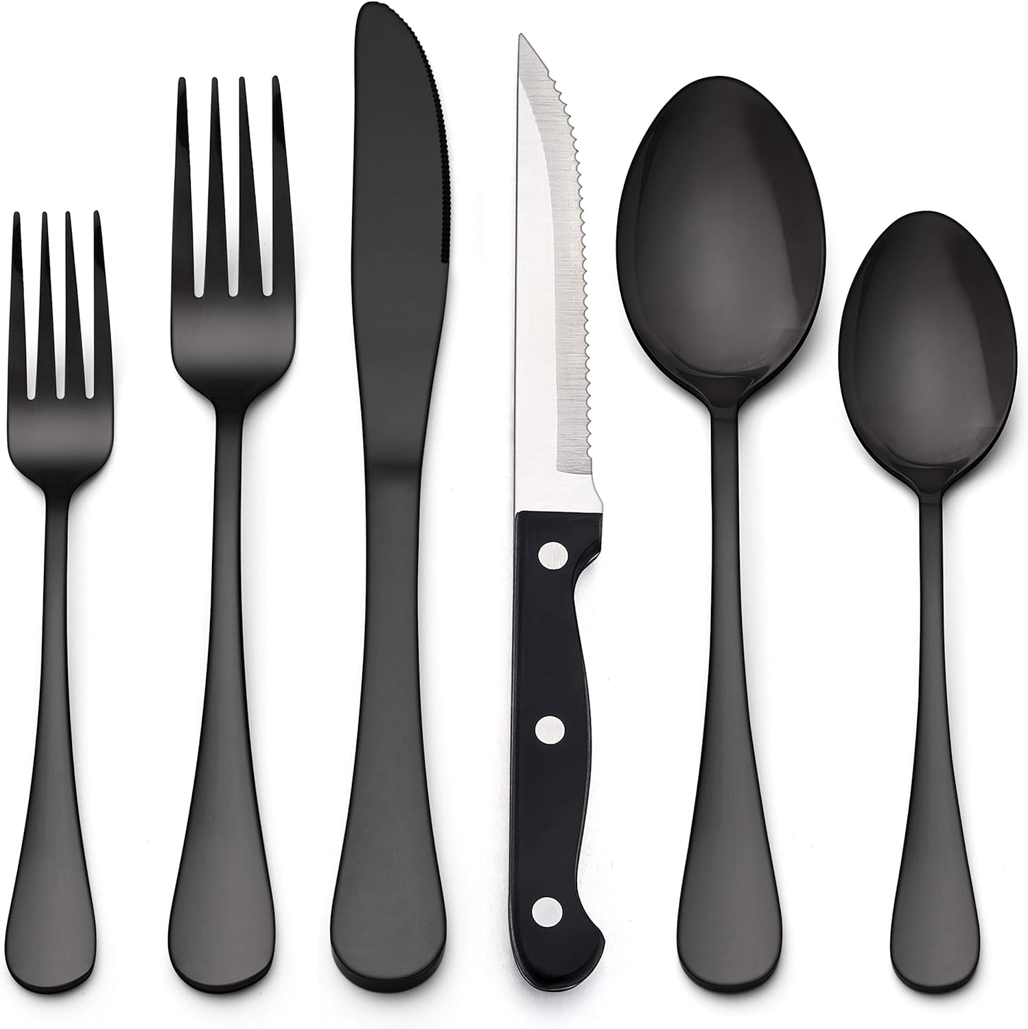 LIANYU 24-Piece Black Silverware Set, Stainless Steel Flatware Cutlery Set for 4, Modern Eating Utensils Tableware, Mirror Finish, Dishwasher Safe