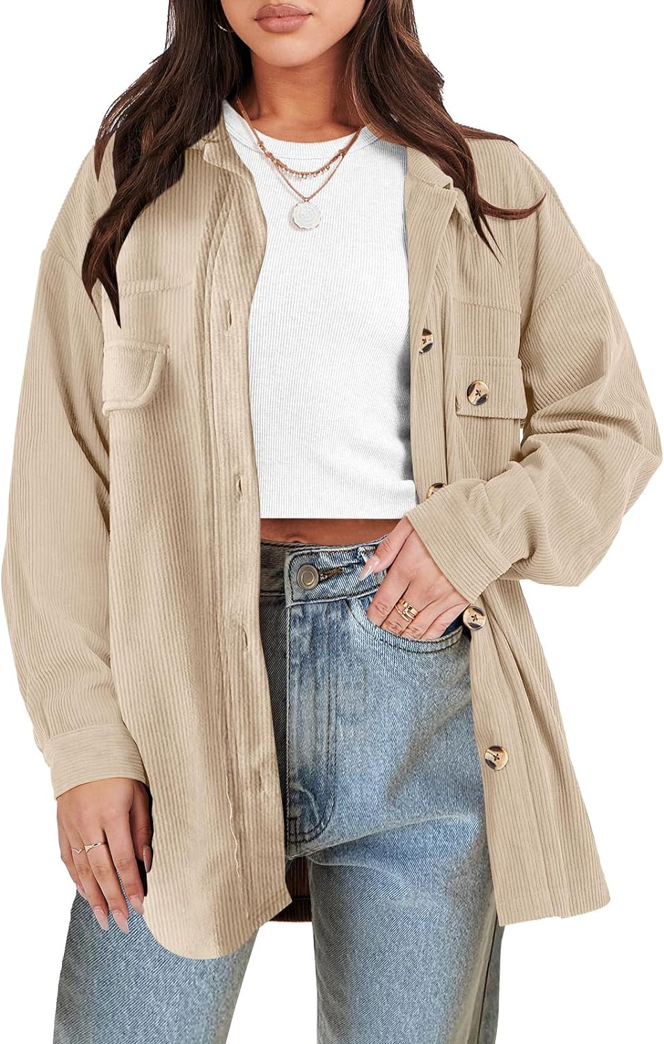 ANRABESS Womens Corduroy Shacket Button Down Shirts Oversized Long Sleeve Casual Cardigan Jacket 2024 Fall Fashion Clothes