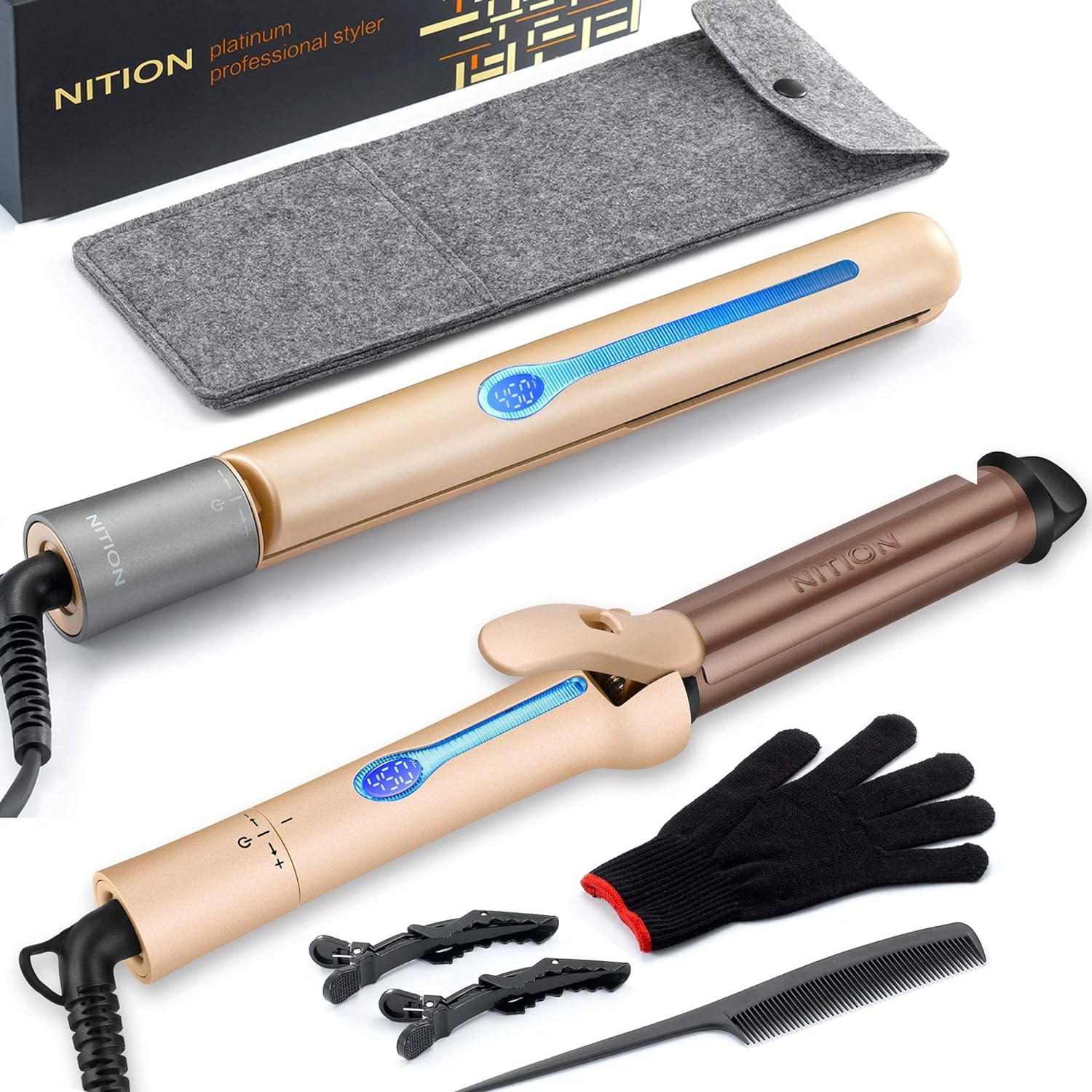NITION Salon 1 Hair Straightening Flat Iron and 1 14 inch Argan Oil Curling Iron Set