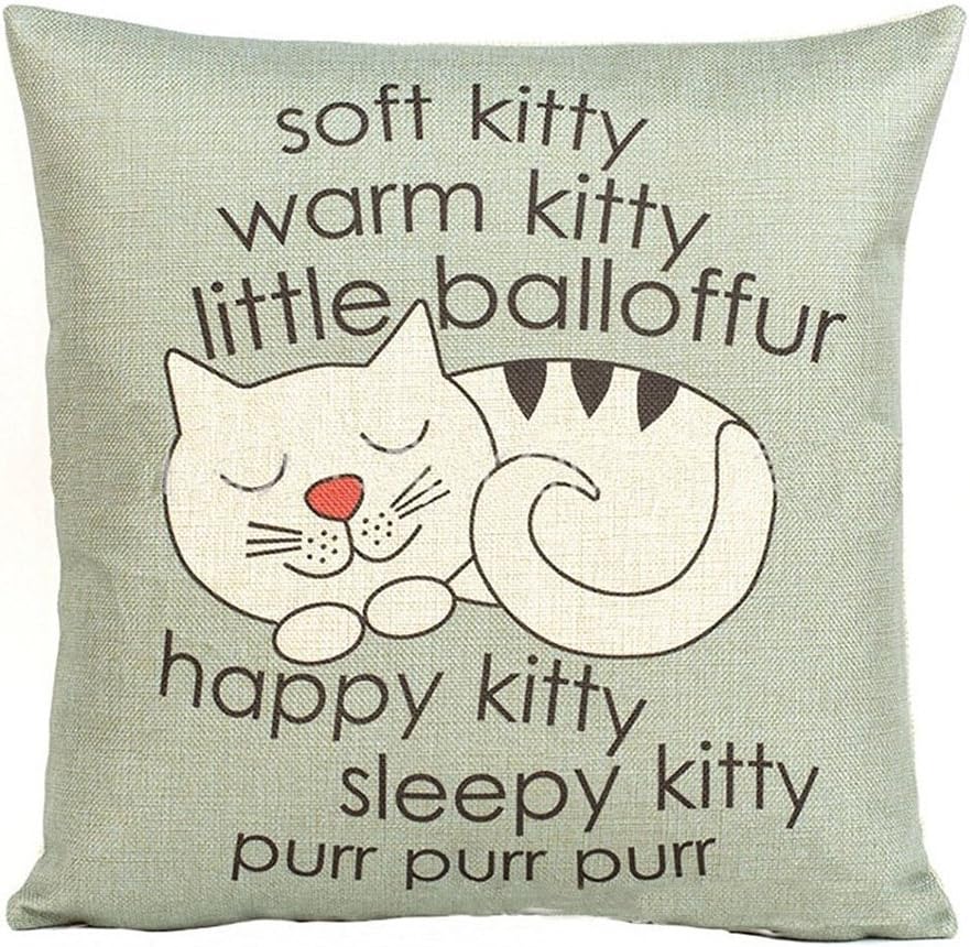 Cartoon Animal Cotton Linen Home Decor Pillowcase Throw Pillow Cushion Cover 18 x 18 Inches (Happy & Sleepy Kitty)