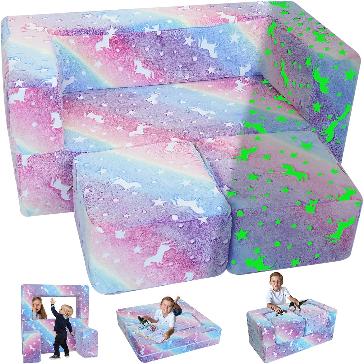 MeMoreCool Kids Couch Toddler Couch, Glow in The Dark Rainbow Kids Couch Fold Out, Baby Couch Kids Bedroom Furniture, Kids Sofa Play Couch for Playroom, Modular Kid Furniture for Bedroom Playroom