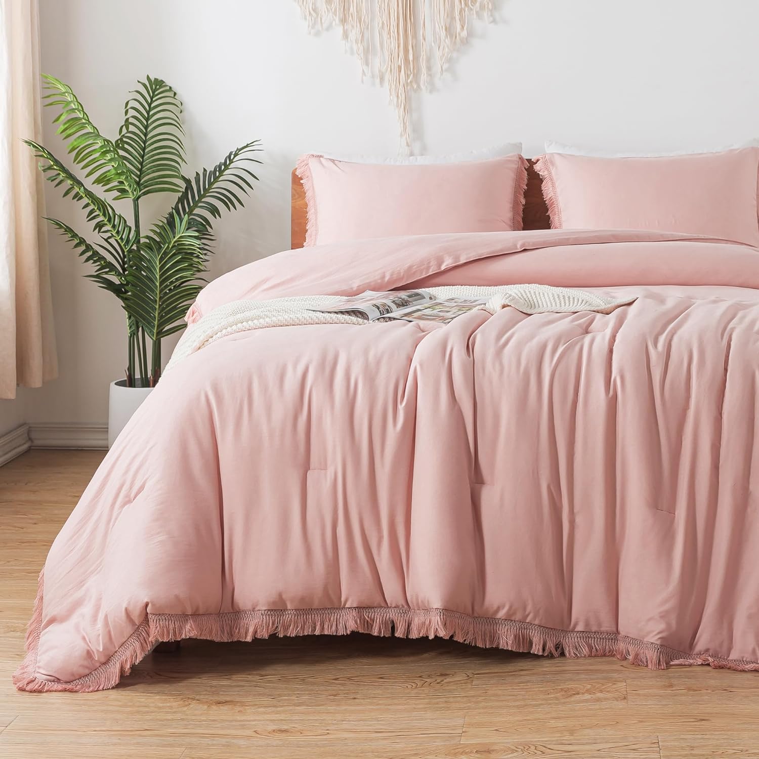 Andency Pink Comforter Set California King for Girls, Blush Boho Women Tassel Lightweight Bedding Comforter Sets, 3 Pieces All Season Soft Fluffy Fringe Bed Set (104x96In Comforter & 2 Pillowcases)