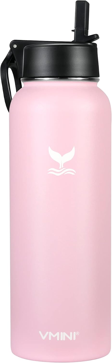 Vmini Water Bottle with Straw, Wide Rotating Handle Straw Lid, Wide Mouth Vacuum Insulated Stainless Steel Water Bottle, Pink, 40 oz