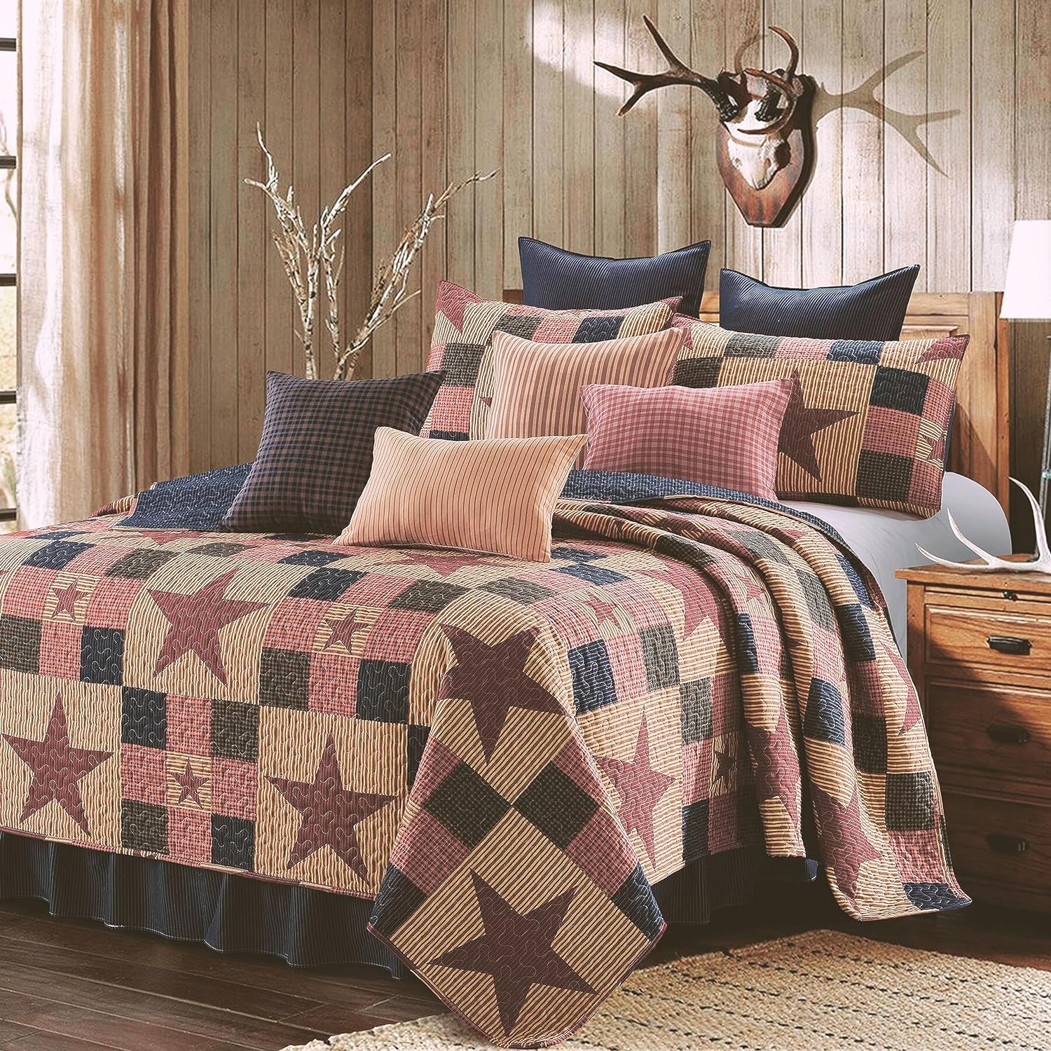Virah Bella 3 Piece King Cabin Quilt Bedding Set - Mountain Cabin Red - Rustic Country Reversible Patchwork Comforter Set with Decorative Pillow Shams, Red/Tan