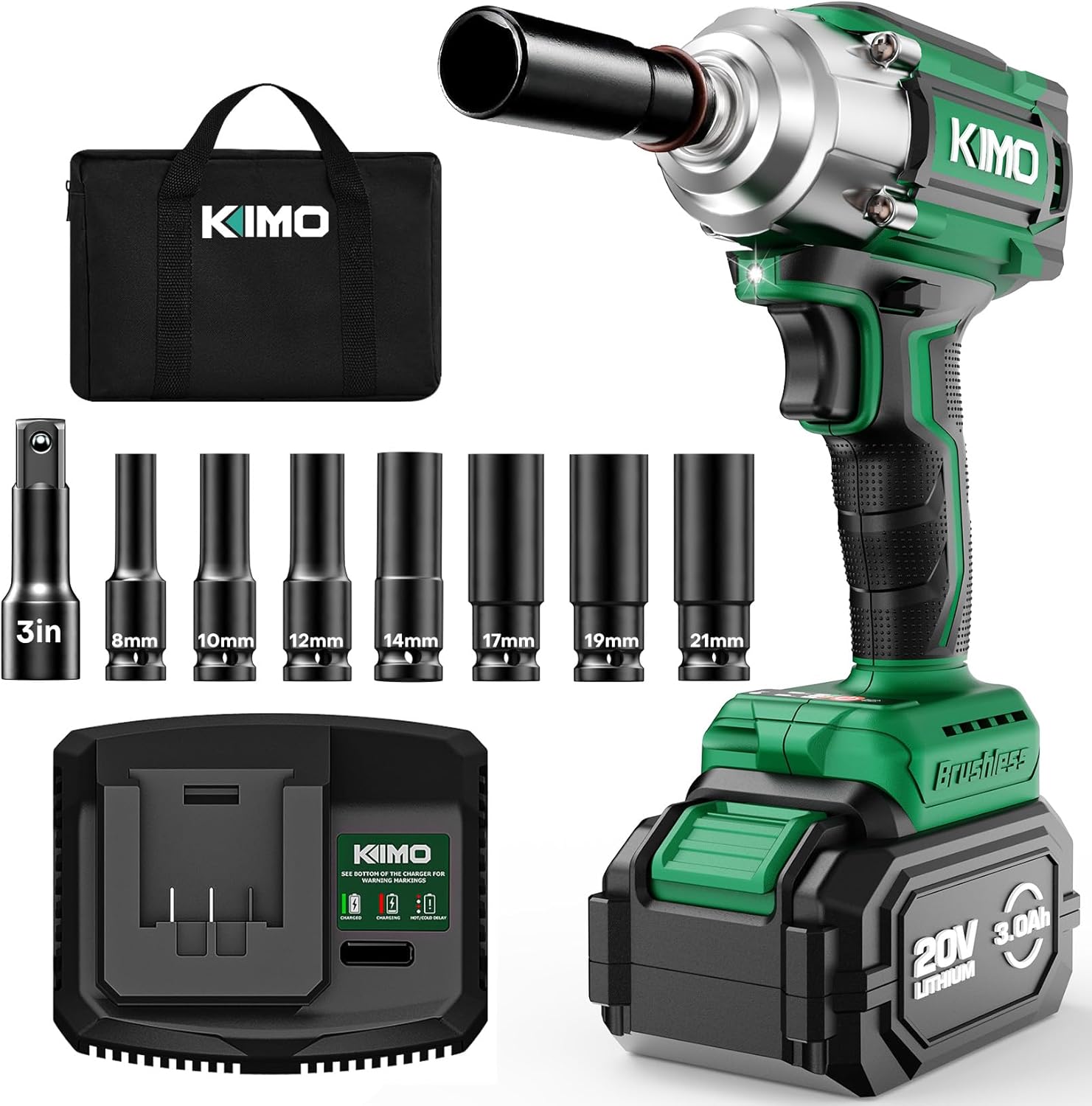 KIMO Cordless Impact Wrench, 3000 RPM & Max Torque 350 ft-lbs (475N.m), 1/2 Impact Gun with 3.0Ah Li-ion Battery, 7 Drive Impact Sockets, 3 Inch Extension Bar, 1 Hour Fast Charger,1/2 Impact Driver