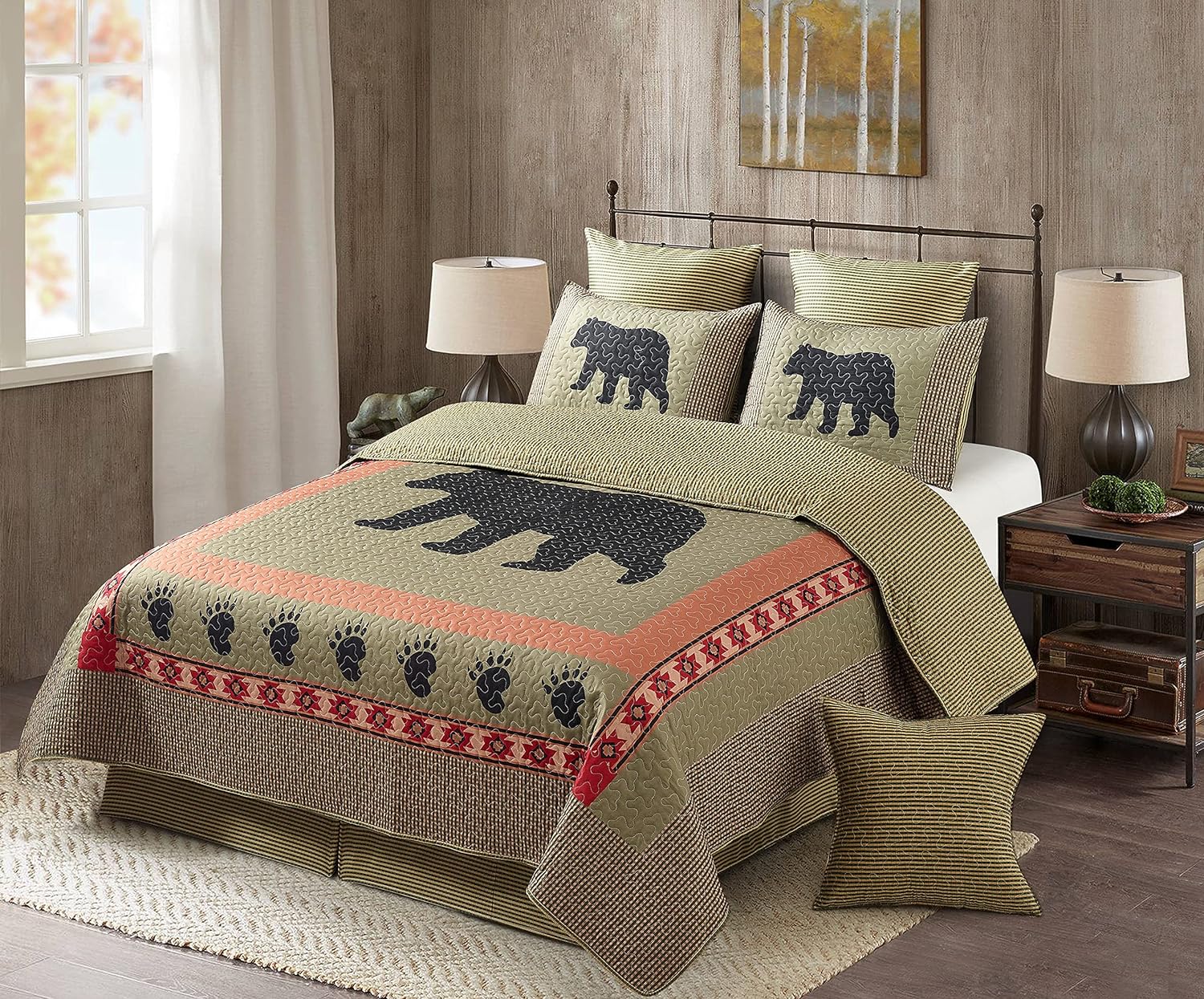 Virah Bella 3 Piece Full/Queen Cabin Quilt Bedding Set - Bear and Paw - Rustic Country Reversible Patchwork Comforter Set with Decorative Pillow Shams