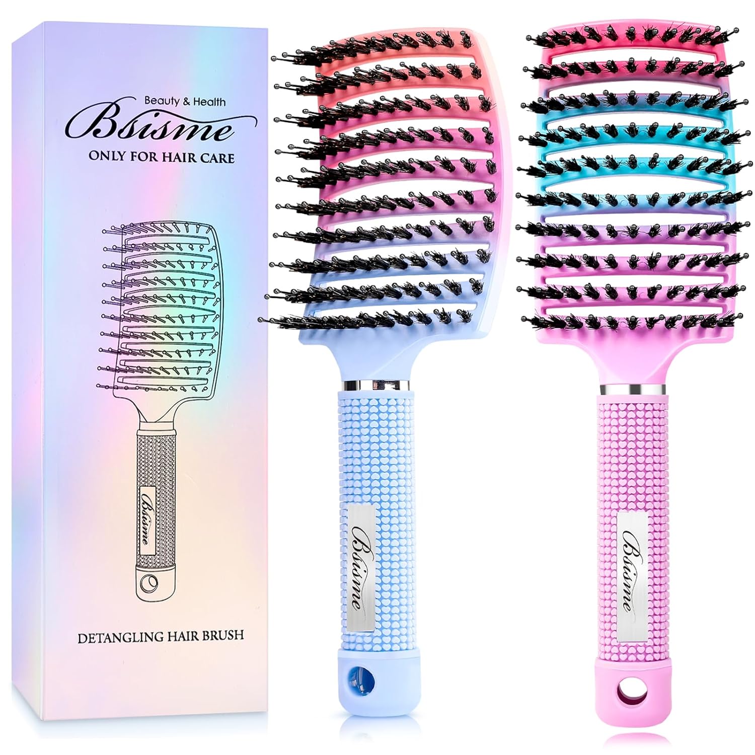 Boar Bristle Hair Brush, Curved Vented Detangler Brush Faster Blow Drying, Paddle Detangling Brush for Women Men Kids Wet Dry Long Curly Thick Straight Hair, Make Hair Shiny and Healthier(Purple+Blue)