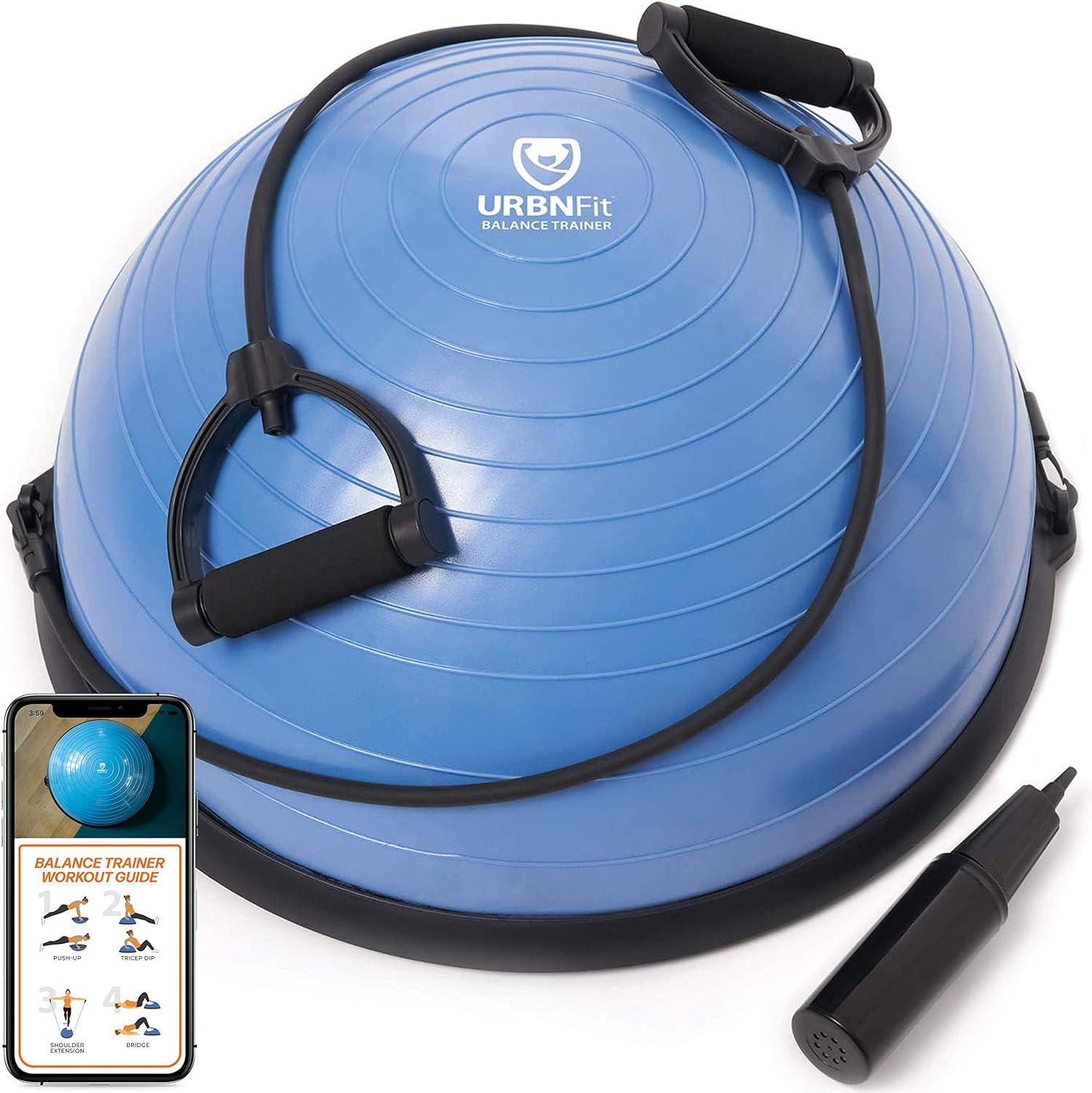 URBNFit Half Balance Ball - Yoga Ball Balance Trainer for Core Stability & Full Body Workout at Home or Gym - Resistance Bands, Pump and Exercise Guide Included