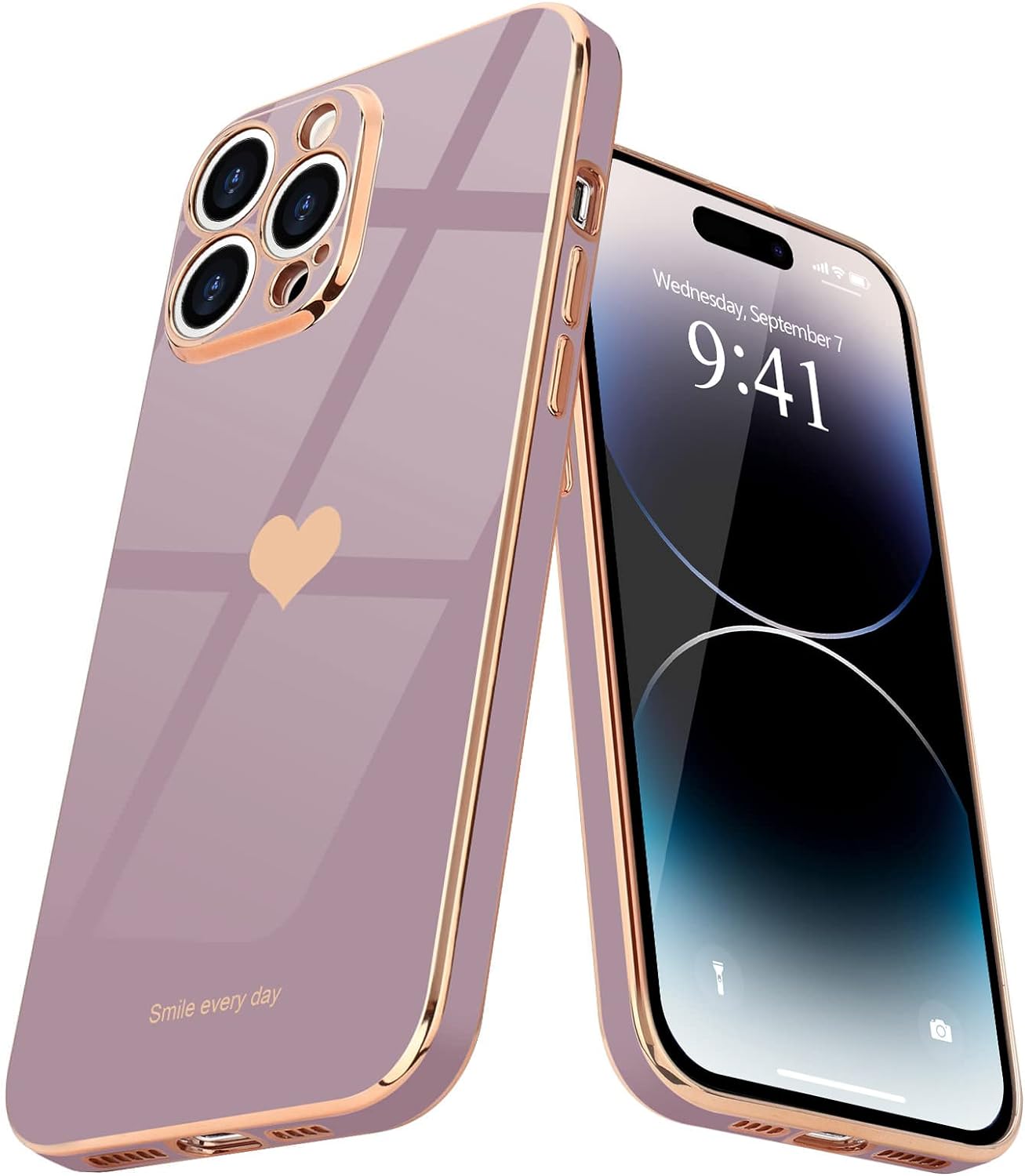 Teageo for iPhone 14 Pro Case for Women Girl Cute Love Heart Luxury Plating Soft Bling Back Cover Raised Full Camera Protection Bumper Silicone Shockproof Phone Case for iPhone 14 Pro, Lavender