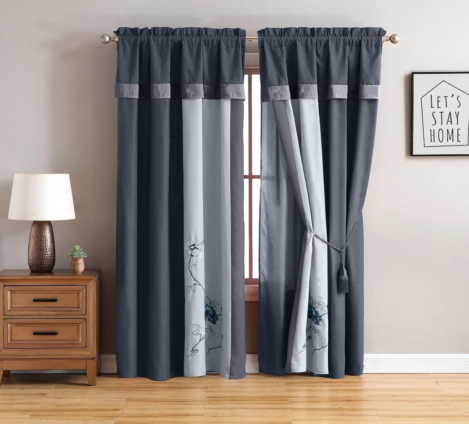 Chezmoi Collection Vienna 4-Pieces Gray Blue Embroidered Floral Window Curtain Set w/Tassels