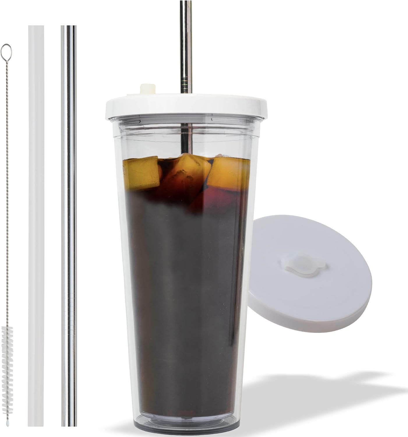 Reusable Iced Coffee Cup (24 Oz/Venti), Leak Proof and Double Wall Insulated Iced Coffee Tumbler, Come with Reusable Plastic and Metal Straws and Straw Cleaner