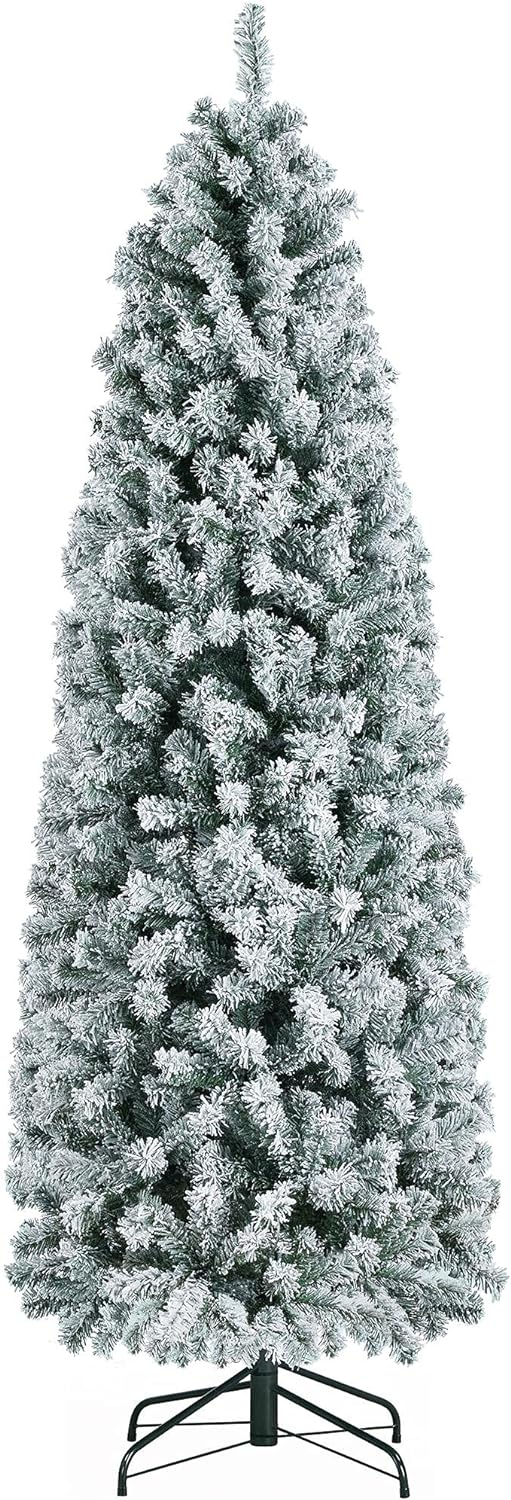 Yaheetech 6Ft Snow Flocked Fir Pencil Christmas Tree Slim Corner Hinged Artificial Xmas Tree with 814 Branch Tips and Metal Stand, Holiday Decoration for Home, Office, Party, White