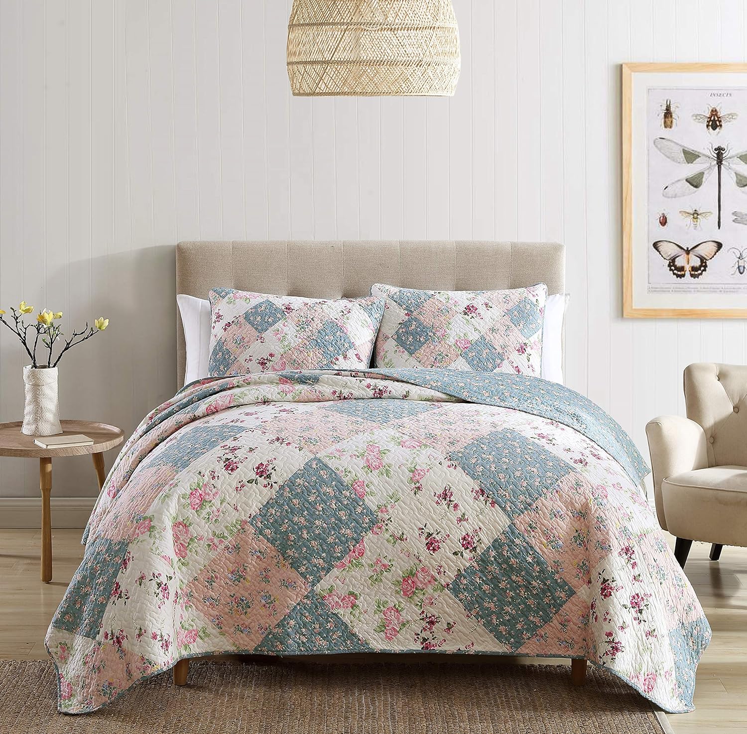 Chemzoi Collection Jolie 3-Piece Garden Floral Vintage Washed 100%-Cotton Reversible Diamond Patchwork Quilt Set, Queen