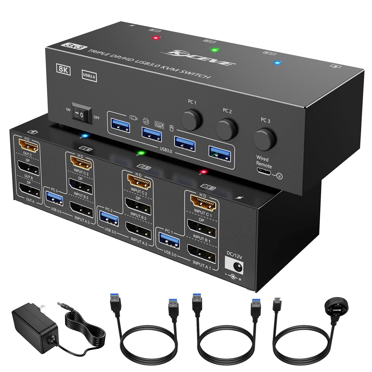 KVM Switch 3 Computers 3 Monitors, KCEVE HDMI + DisplayPort USB 3.0 KVM Switcher, 8K@30Hz/4k@144Hz Triple Monitor DP KVM for 3 PC Share 3 Display and 4 USB 3.0 Devices, Wired Remote Included