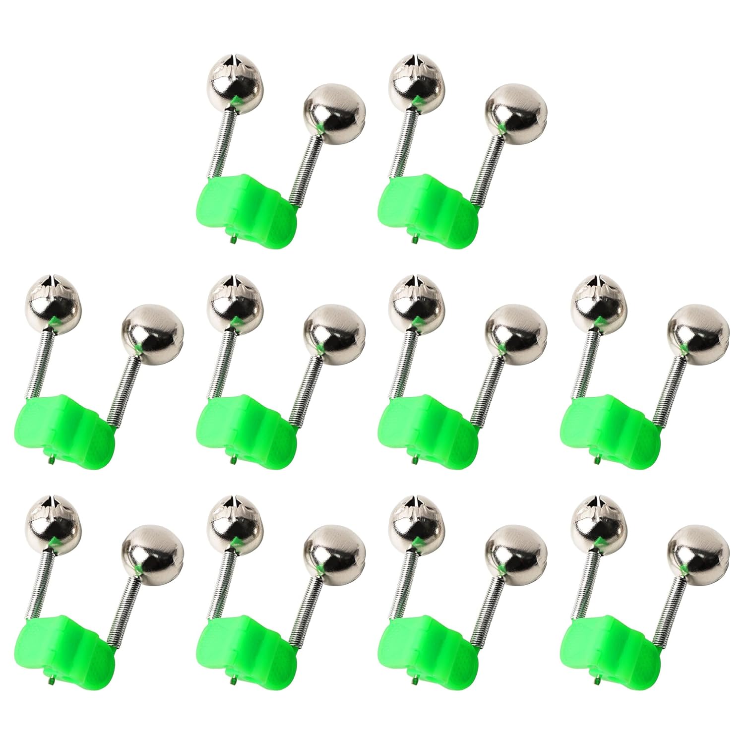 uxcell 10 Pcs Green Fishing Bells Spring Loaded Clamp Fishing Rod Bite Bait Alarm with Twin Bells Ring Silver Tone Double Fishing Pole Bells