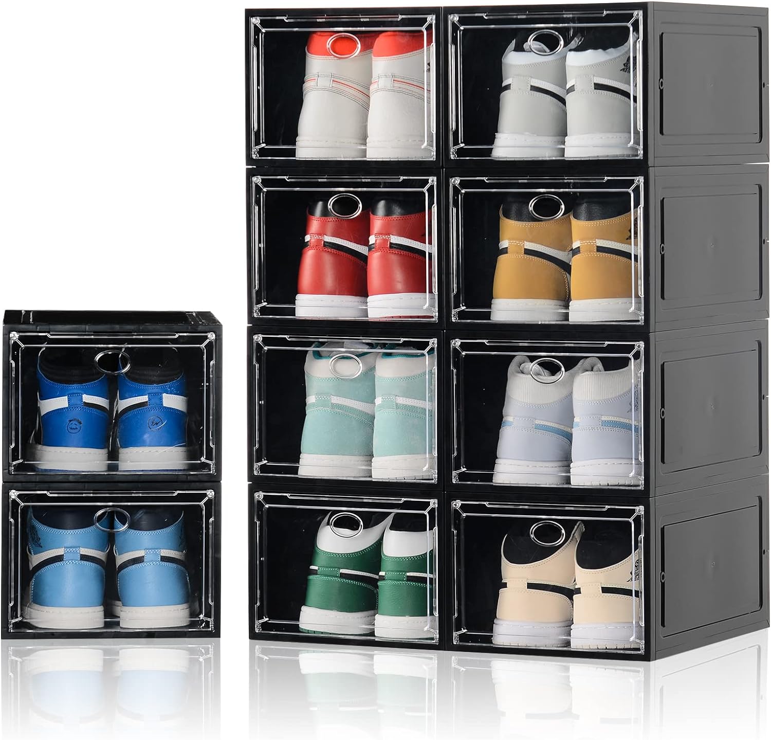 10 Pack Shoe Boxes Stackable,Upgraded Sturdy Shoe Storage Boxes with Clear Magnetic Door,Multifunctional Sneaker Storage, Shoe Box Organizer Fit up to US Size 12 Black(13.8x 9.84x 7.1)