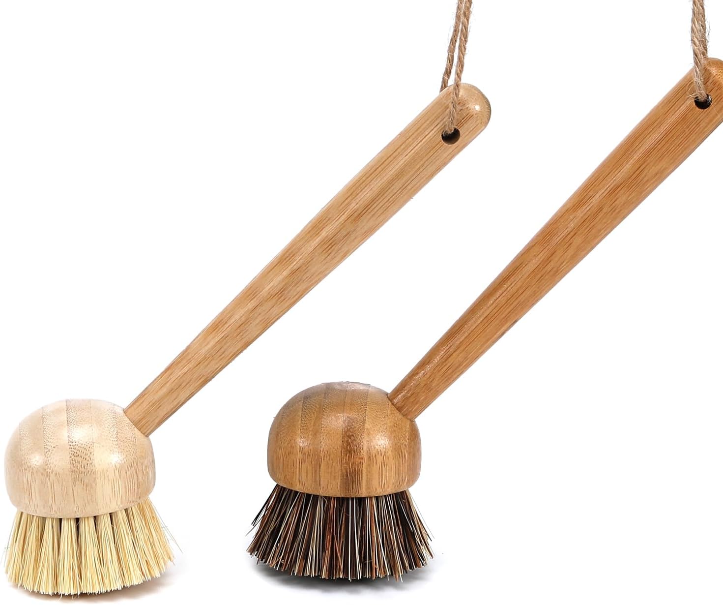 FOLI Dish Scrub Brushes Bamboo Handle Wooden Cleaning Scrubbers Brushes Stiff Bristles for Washing Kitchen Cast Iron Pan Pot (2PCS with Sisal Bristles & Palm Bristles with Long Handle)