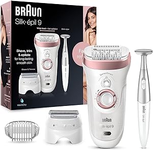 Braun Silk-pil 9 9-890, Facial Hair Removal for Women, Hair Removal Device, Bikini Trimmer, Womens Shaver Wet & Dry, Cordless and 7 extras