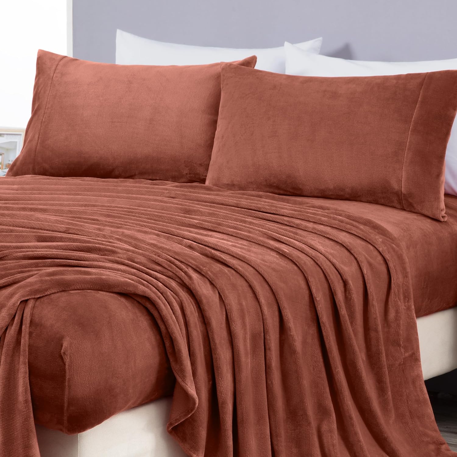 Chezmoi Collection Extra Soft Fleece Sheet Set King, Microplush Non-Pilling Velvety Bed Sheet, Deep Pocket - Lightweight All Season Warmth, King, Terracotta