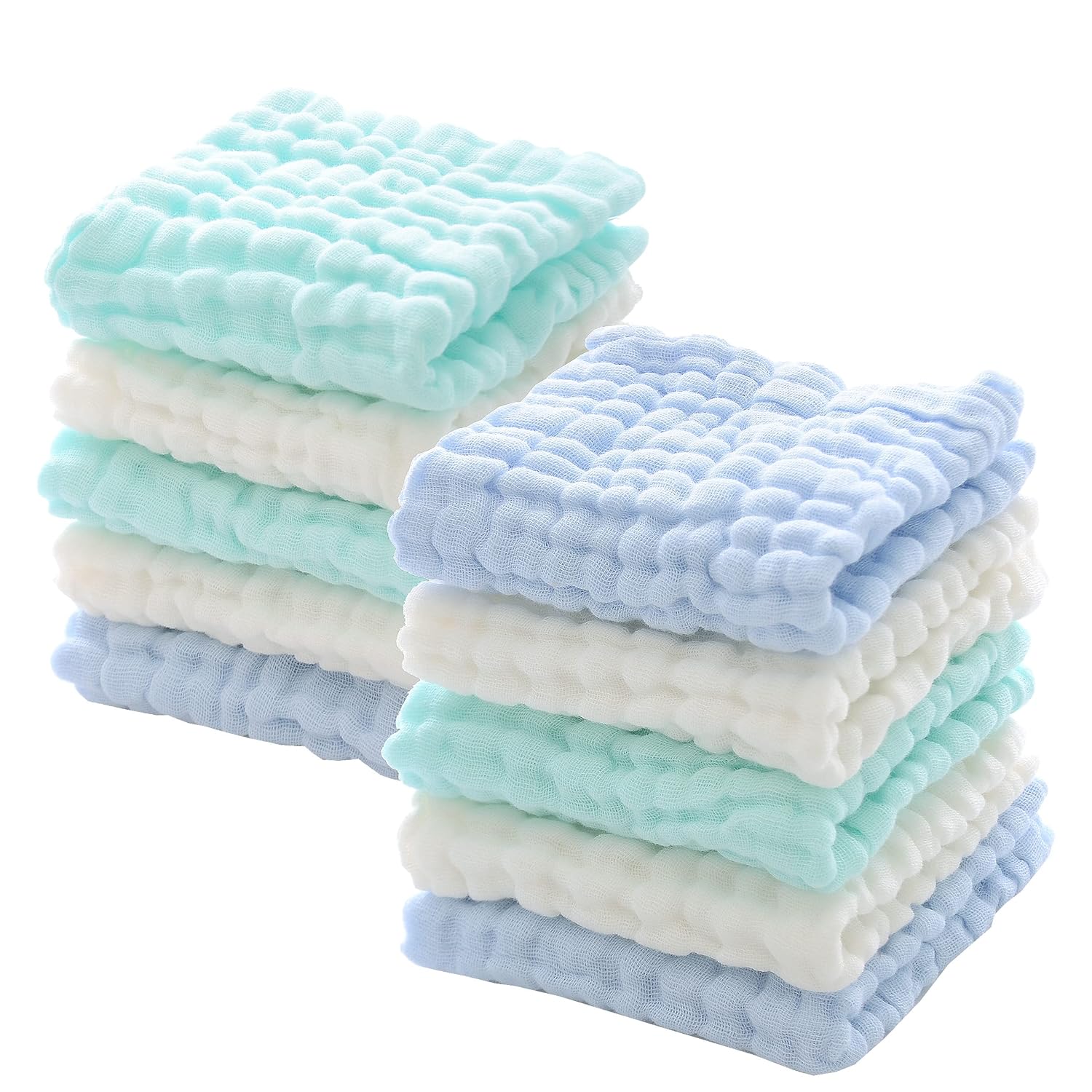 MUKIN Baby Washcloths - Natural Cotton Baby Wipes - Soft Newborn Baby Face Towel for Sensitive Skin- Baby Registry as Shower, 10 Pack 12x12 inches (Green,Blue,White)