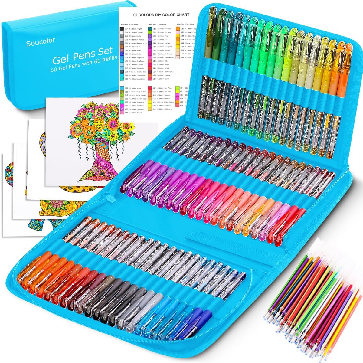 Soucolor 60 Colored Gel Pens for Adult Coloring Books, Deluxe 120 Pack- 60 Refills and Travel Case, with 40% More Ink Markers Set for Drawing Journaling Scrapbooking Art Kit Supplies