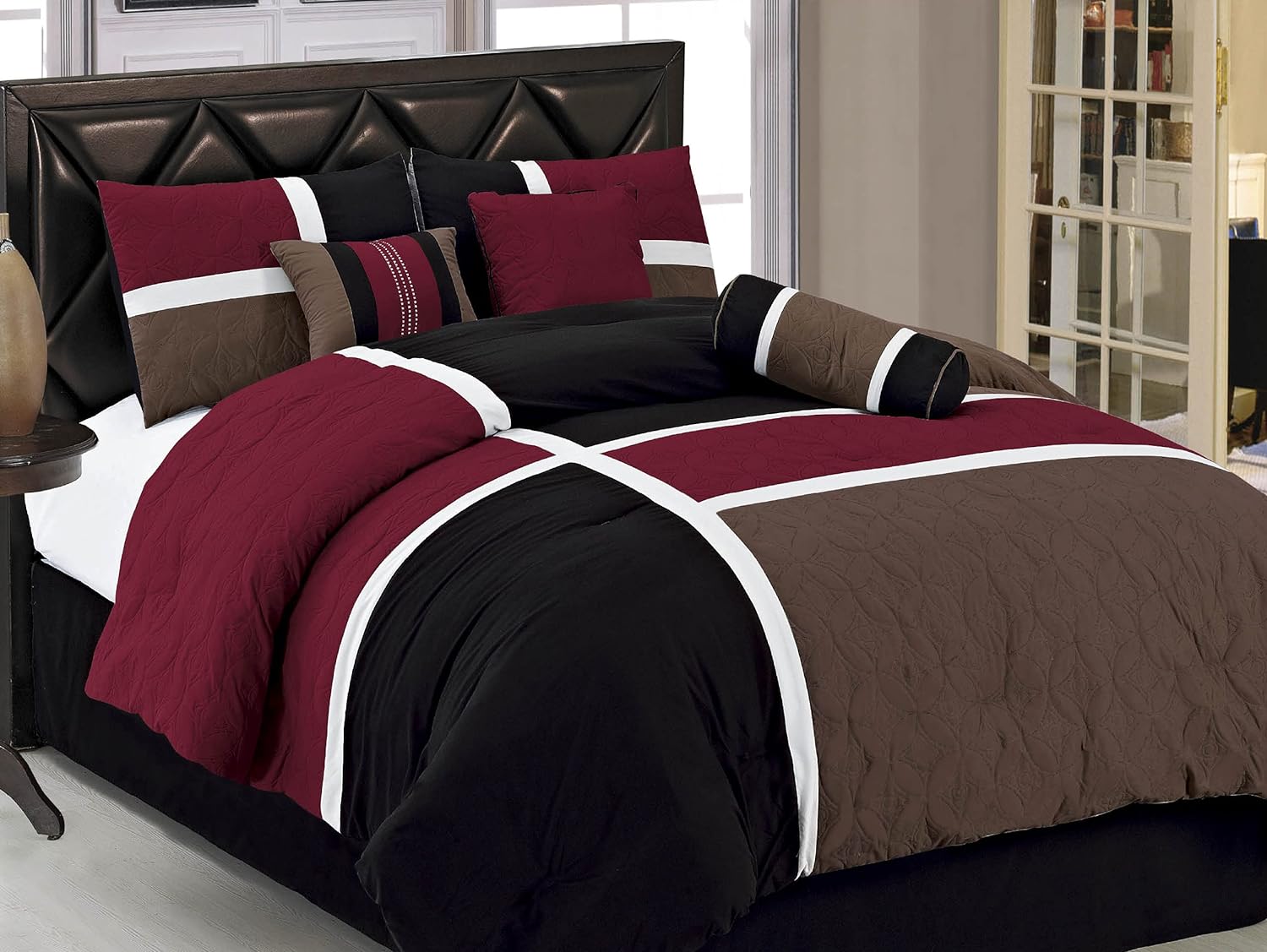 Chezmoi Collection 7-Pieces Burgundy Black Patchwork Comforter Set Queen Size