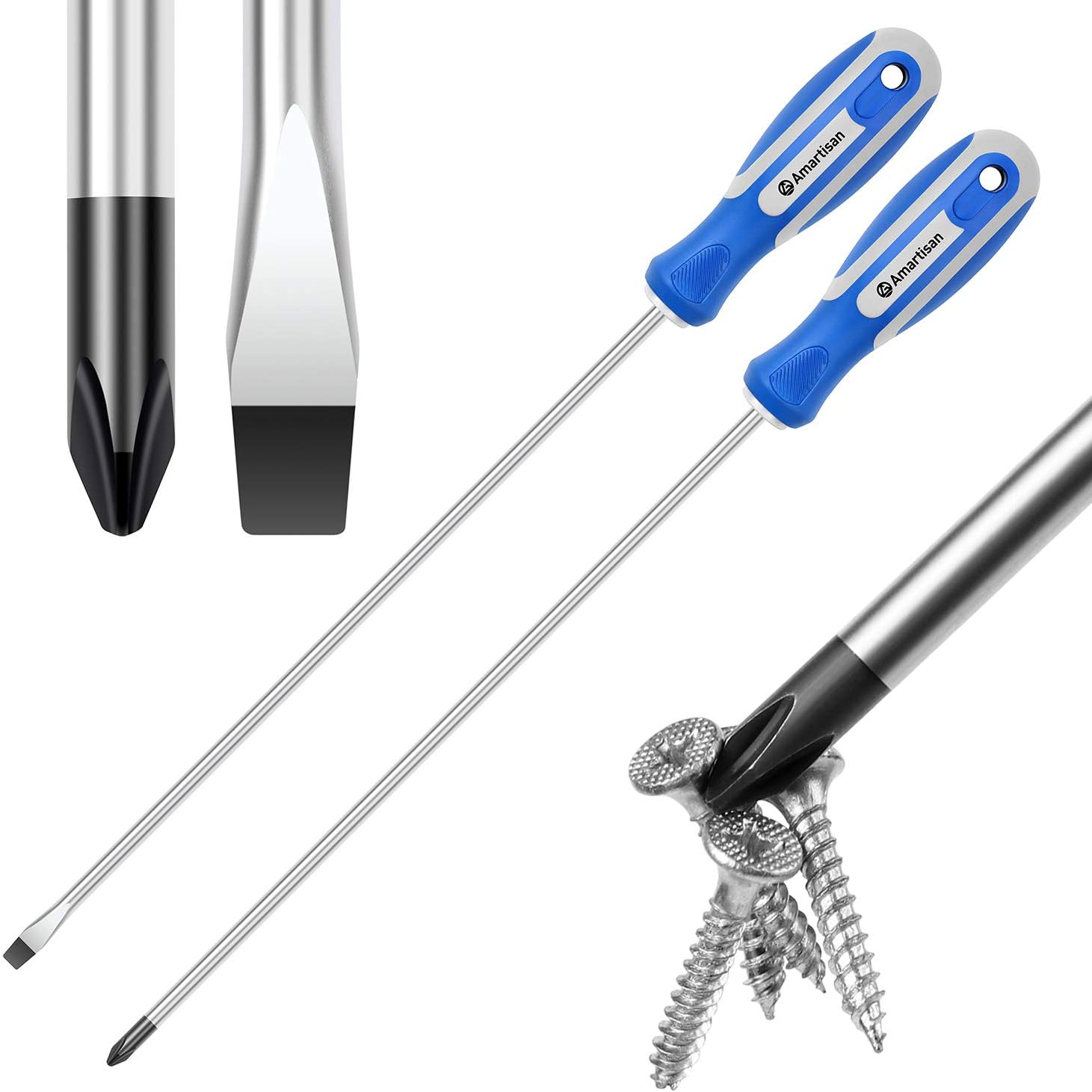 Amartisan 2-Piece 12'' long Screwdriver Set, Long Blade Screwdriver Set 12-Inch Magnetic Screwdriver, Phillips & Slotted Bits .NEW