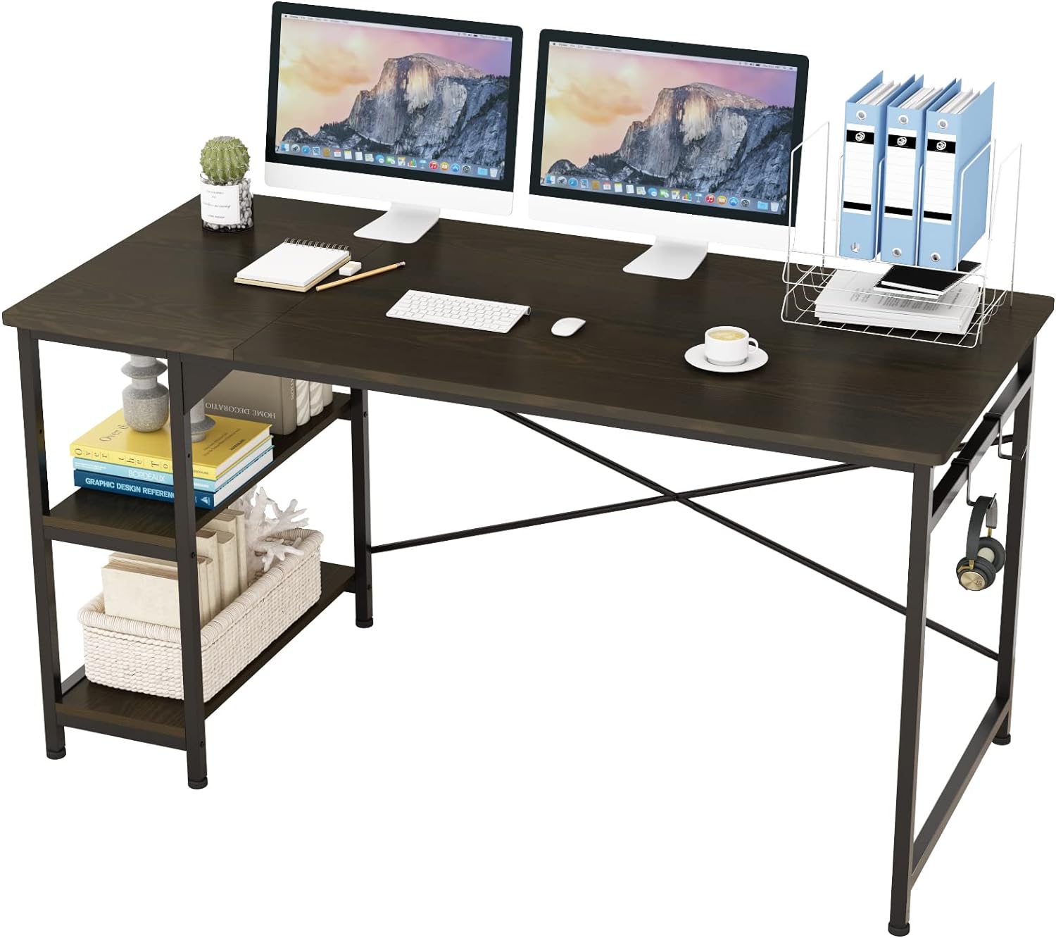 Writing+Computer+Desk+55%22%2c+Home+Office+Study+Desk+with+2+Hooks+and+Storage+Shelves+on+Left+or+Right+Side%2c+Industrial+Simple+Workstation+Wood+Table+Metal+Frame+for+PC+Laptop%2c+Walnut+Black