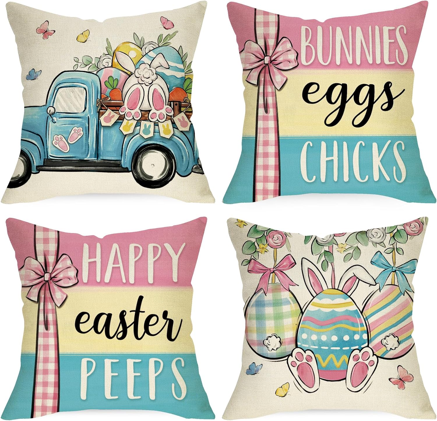 Happy Easter Peeps Decorative Throw Pillow Covers 18 x 18 Set of 4, Bunnies Eggs Chicks Blue Truck Stripes Cushion Case Decor, Rabbit Ears Flowers Butterfly Home Decoration for Sofa Couch