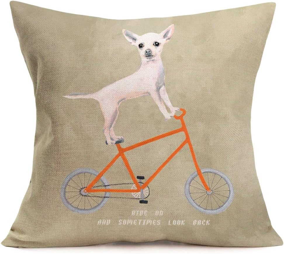 Lovely Animal Dog Throw Pillow Covers Cotton Linen Chihuahua Riding a Orange Bicycle with Funny Letters Cushion Cover Pillow Case 18x18 Inch Square Pillowslip for Home Sofa Bedding