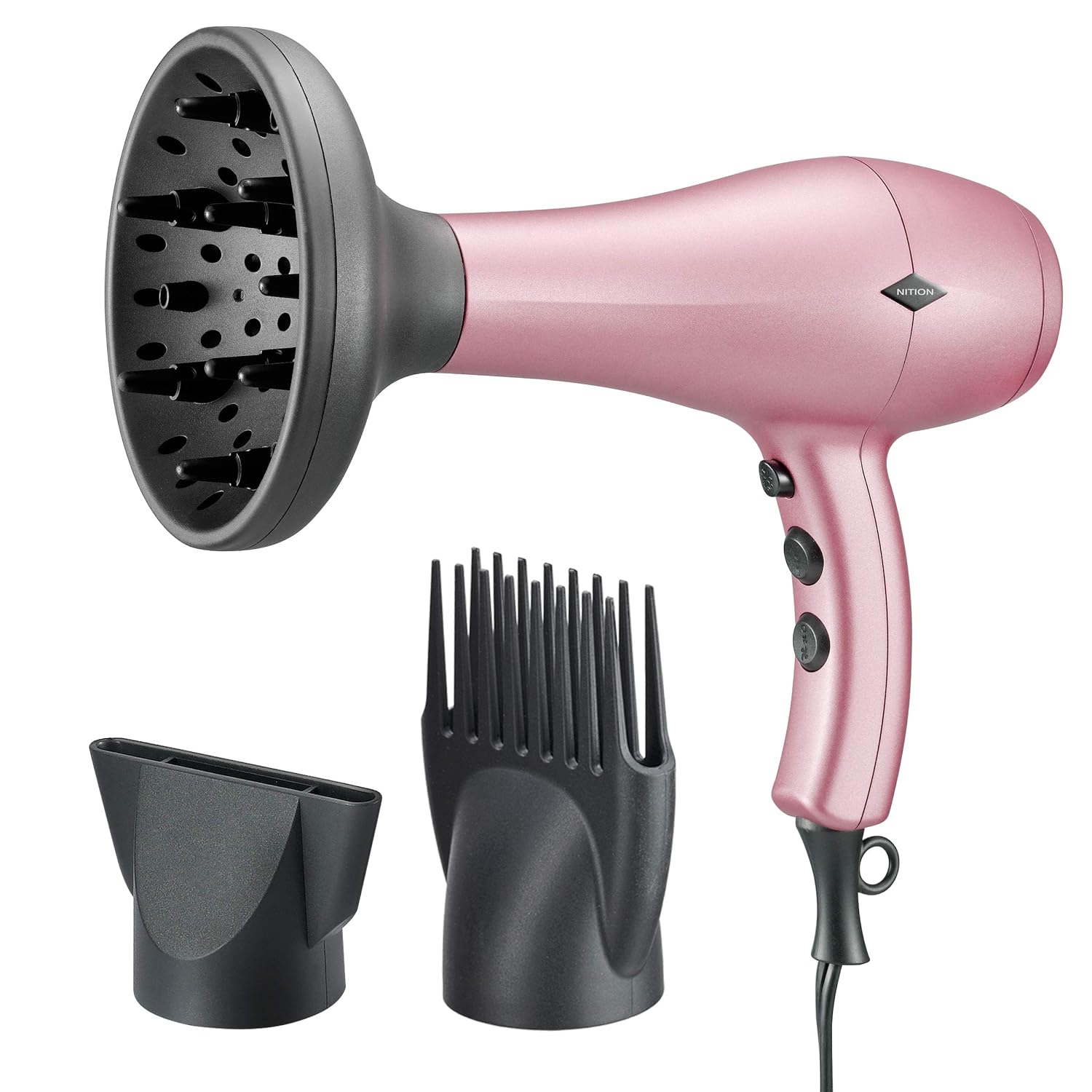 NITION Negative Ions Ceramic Hair Dryer with Diffuser Attachment,Ionic Blow Dryer Quick Drying,1875 Watt 2 Speed / 3 Heat Settings,Cool Shot Button,Lightweight,Rose Pink