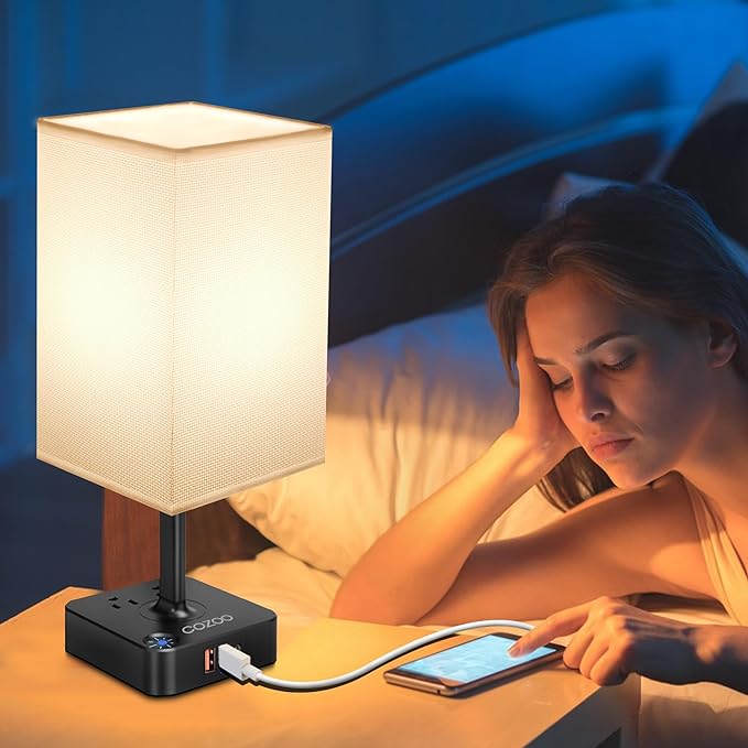 COZOO USB Bedside Dimmable Table Desk Lamp with 3 USB Charging Ports 2 Outlets Power Strip,Black Charger Base Flaxen Fabric Shade, LED Light for Bedroom/Nightstand/Living Room/Dorm/Home Office/College