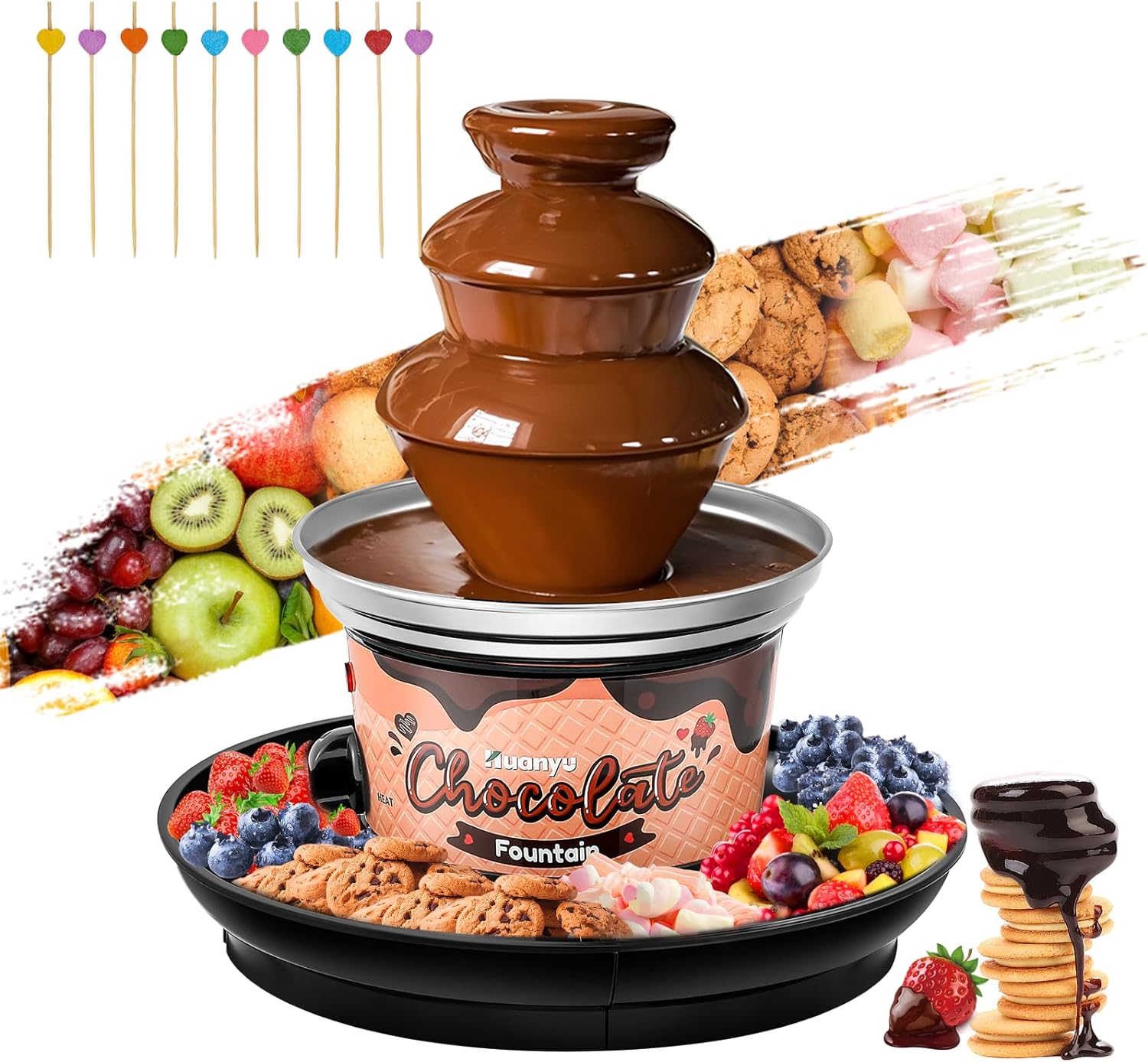 Huanyu 3-Tier Mini Chocolate Fountain Machine 10 Bamboo Skewers Removable Serving Tray 16-Ounce Chocolate Fondue Fountain for Party Birthday Wedding Chocolate Nacho Cheese BBQ Sauce Liqueurs (Black)