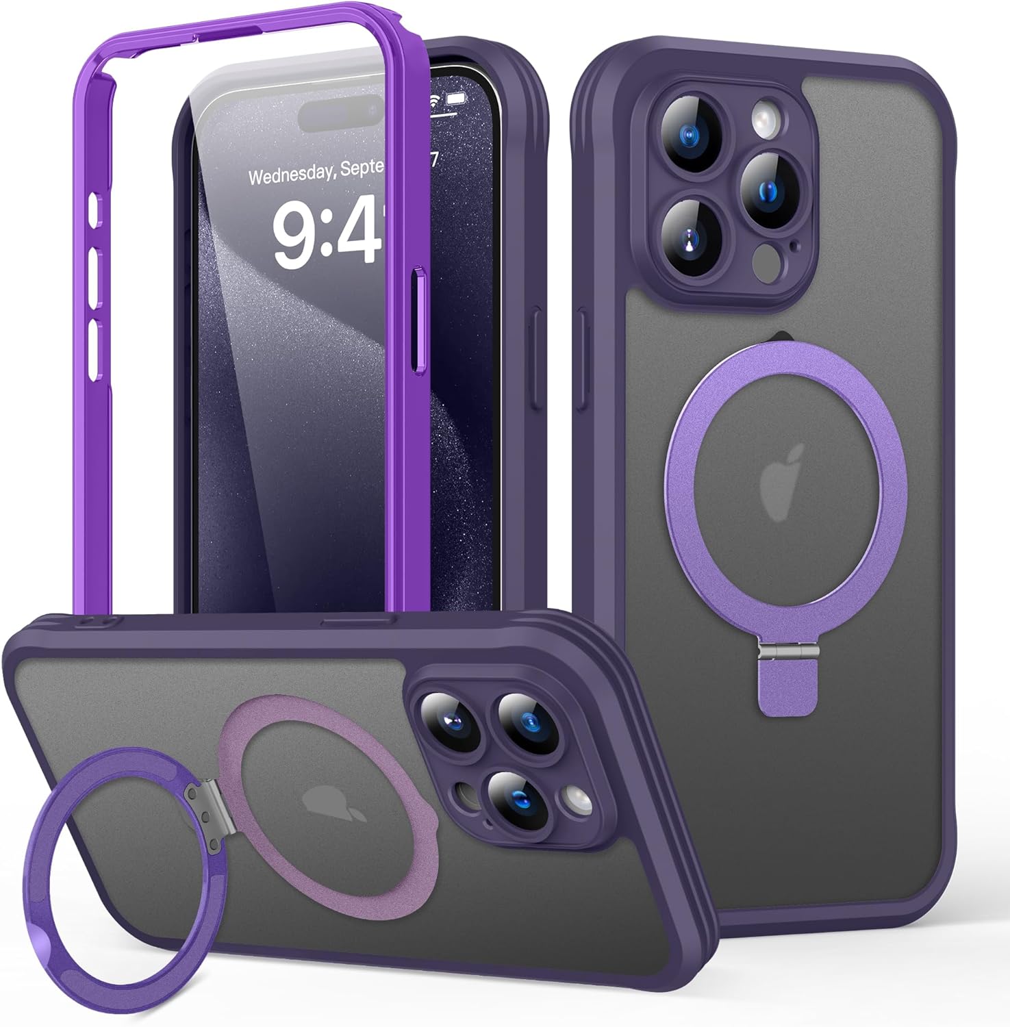 for iPhone 15 Pro Max Case with Invisible Magnetic Stand, Compatible with Mag-Safe Translucent Matte with Built-in Screen Protector, Shockproof Protective Phone Case for Women Men, Purple