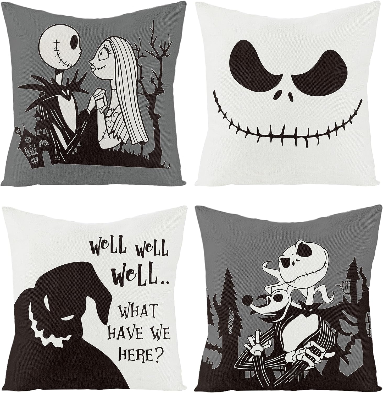 4Pcs Halloween Jack and Sally Christmas Pillow Covers 18x18 Inch Halloween Horror Cartoon Skull Throw Pillow Case Halloween Decorations Linen Decorative Square Cushion Covers for Home Sofa Couch Bed