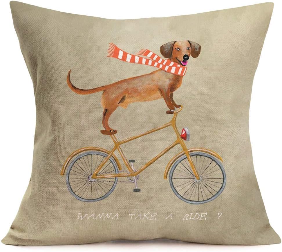 Lovely Animal Dog Throw Pillow Covers Cotton Linen Dachshund Riding a Brown Bicycle with Funny Letters Cushion Cover Pillow Case 18x18 Inch Square Pillowslip for Home Sofa Bedding