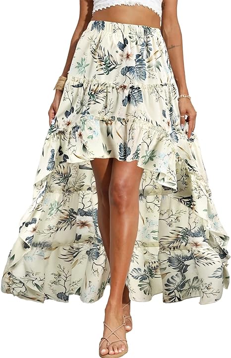 BTFBM Women 2024 Summer Spring Boho Long Skirts Dress Floral Print Elastic Waist Split Ruffle High Low Beach Maxi Skirt