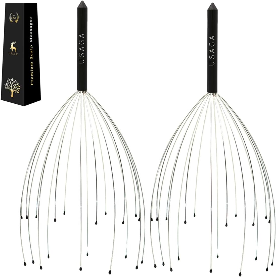 USAGA Head Massager Scalp Massager 20 Fingers Head Scratcher for Head Body Relaxing (Black & Black)