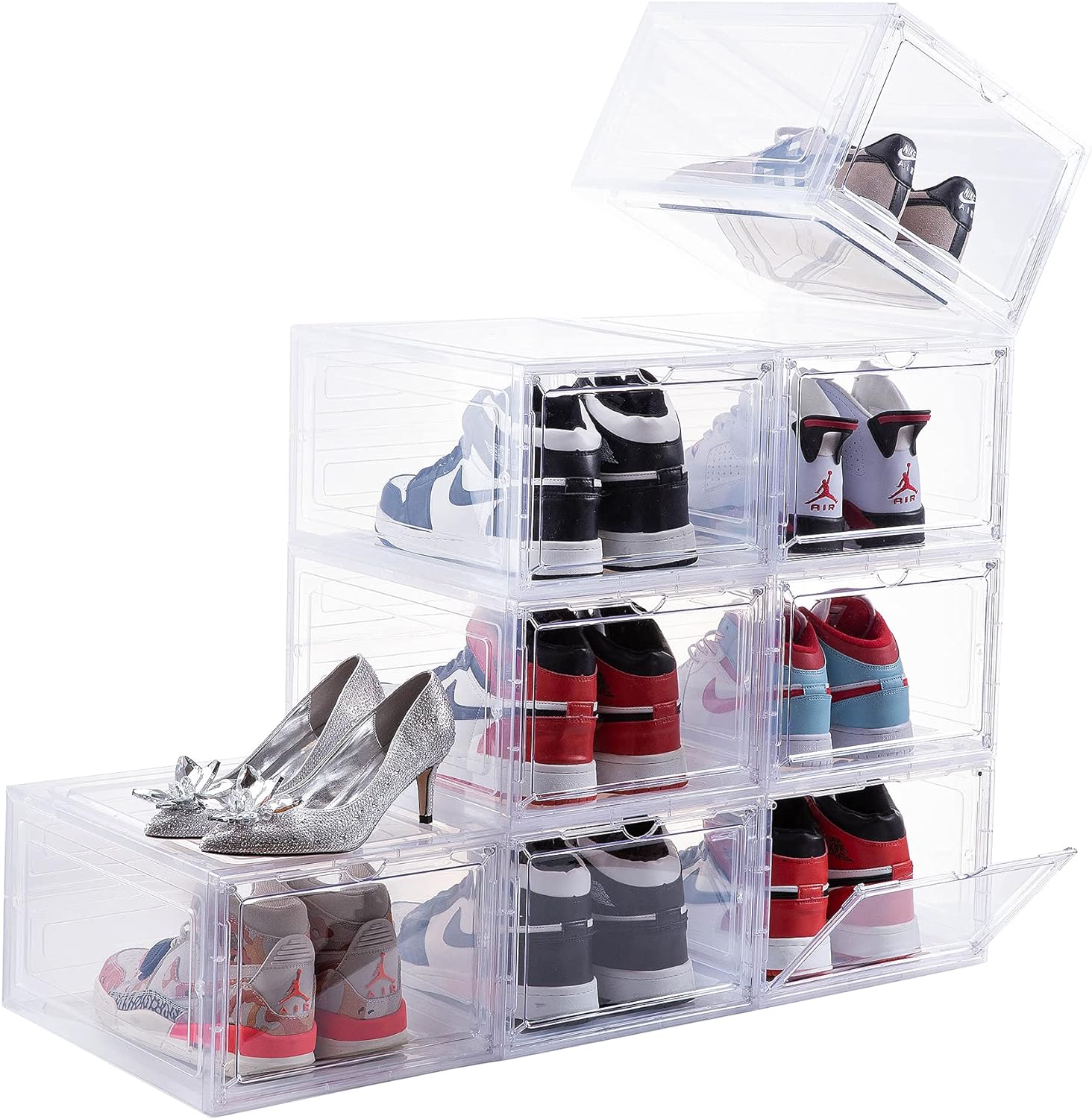 Attelite Clear Shoe Box,Set of 8,Stackable Plastic Shoe Box with Clear Door,As Shoe Storage Box and Drop Front Shoe Box,For Display Sneakers,Easy Assembly,Fit up to US Size 12,Clear