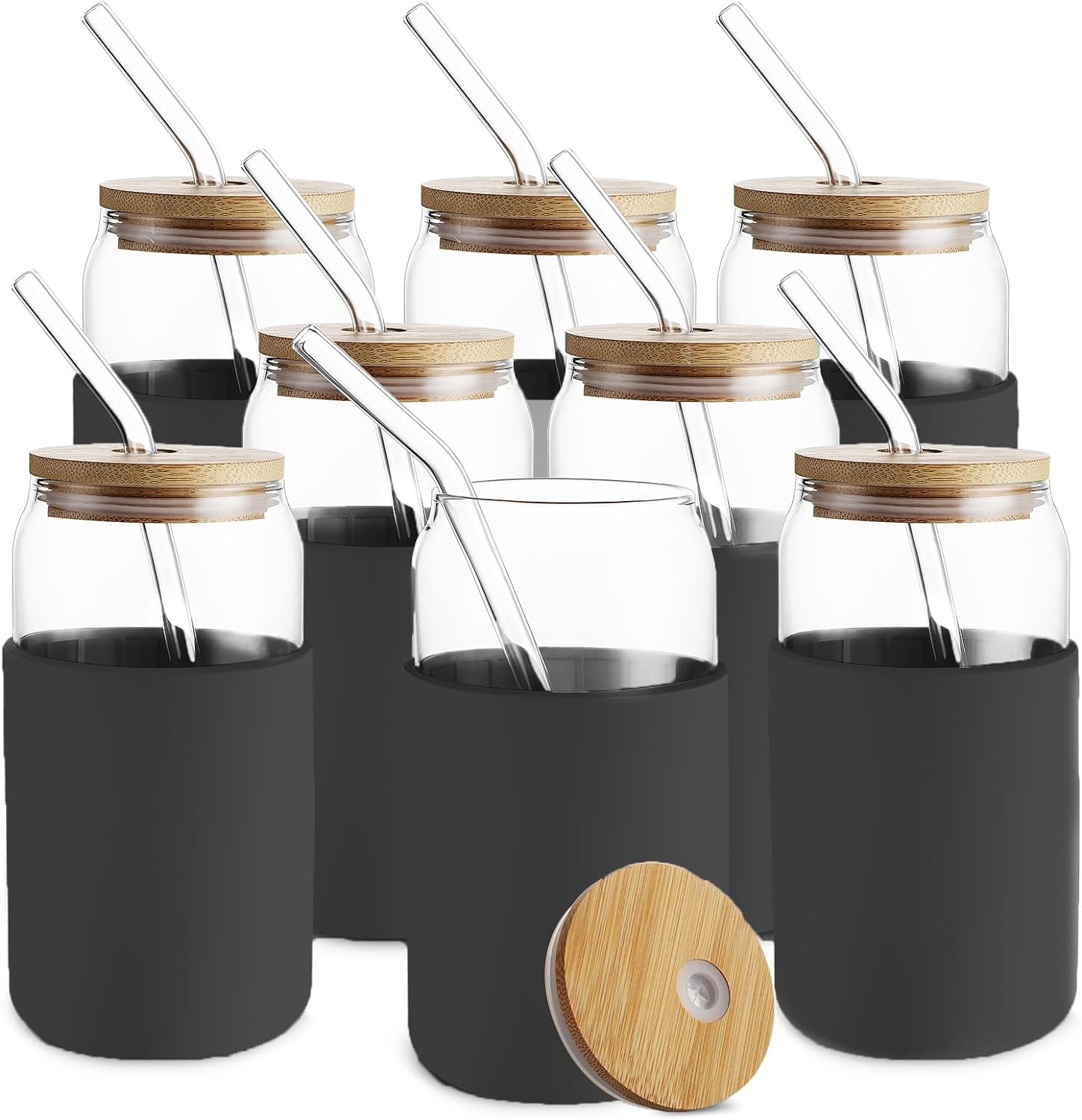 Glass Cups with Bamboo Lids and Straws 8pcs Set, 20oz Can Shaped Cute Tumbler Cup with Cleaning Brushes, Beer Glasses, Iced Coffee Cups with Silicone Protective Sleeve BPA Free, Black