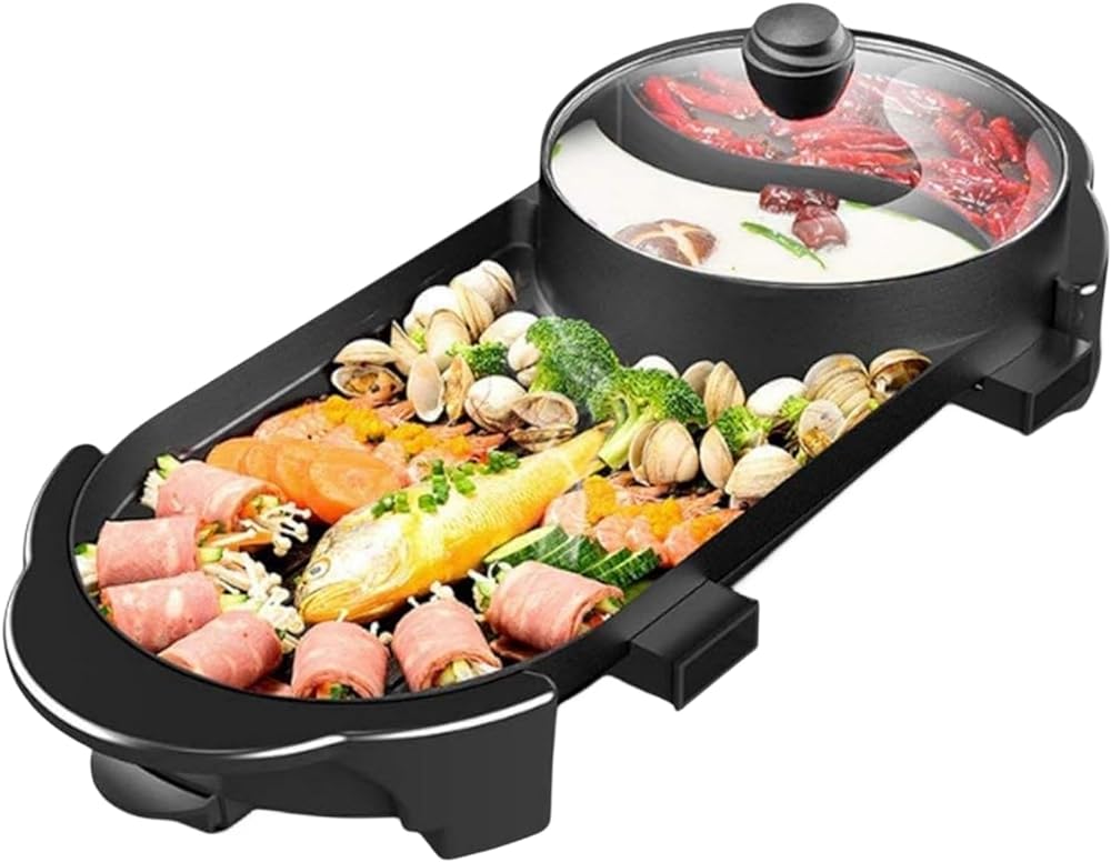 This multipurpose hot pot and electric grill is ideal for indoor gatherings. It is a decent size, so up to 12 people can dine with ease. I found this to be great for family gatherings.With the automatic oil connection design, it is simple and clean to transfer the oil from the frying pan to the oil tank via the oil discharge port.The hotpot and grill have their own separate temperature control. They come with 5 heat settings. When the hotpot and grill are used together, it takes up to 2200 W of power. We had to check our outlets before using this to make sure it could stand what was needed for this.This comes with a nonstick finish, so my food doesnt get stuck as Im making it. This makes a fun food experience for a couple or gathering.