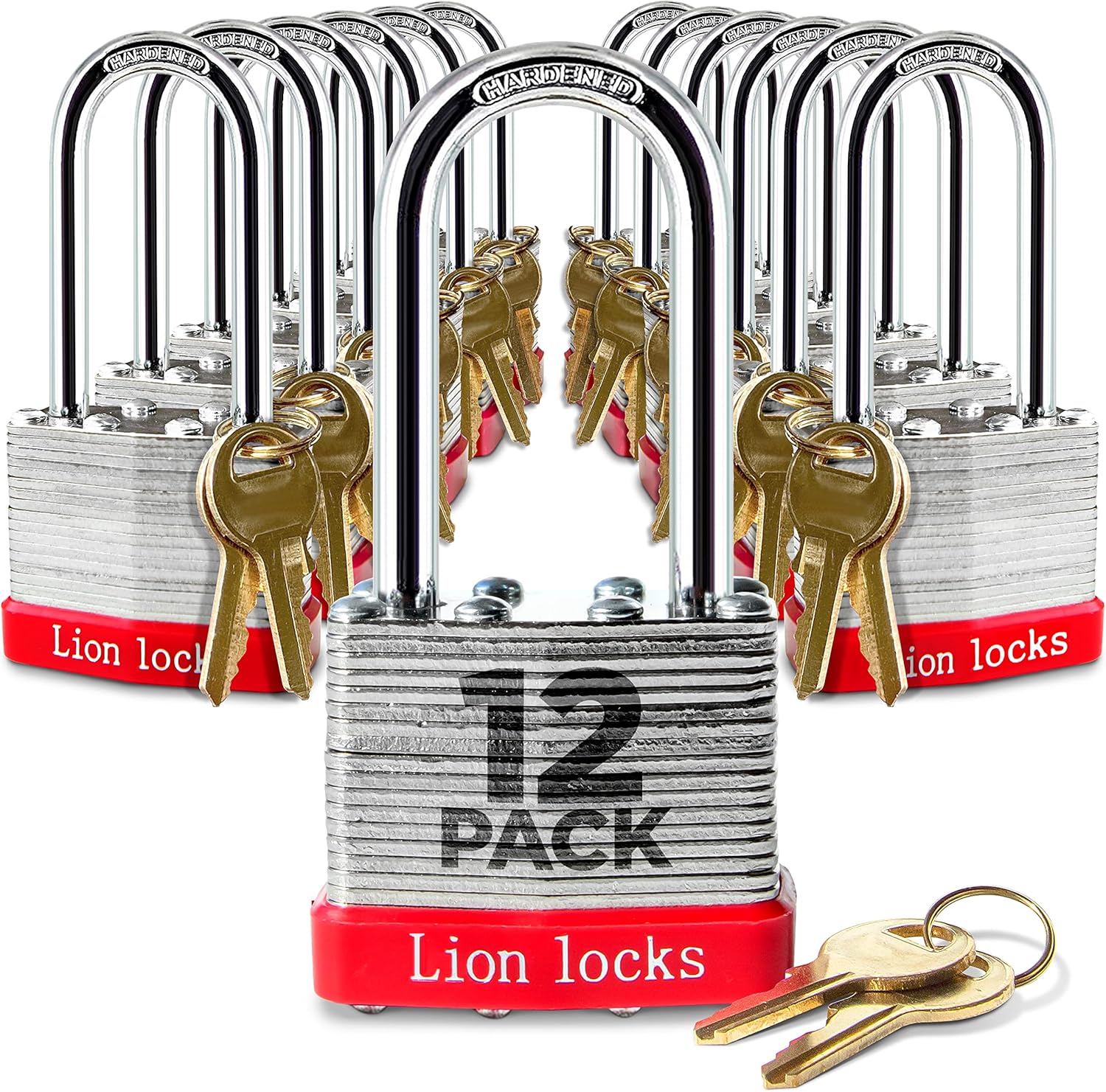 12 Keyed Alike Padlocks with 2 Long Shackle, 24 Keys - Padlocks for Outdoor Use, Locks with Keys, Hardened Steel Case, Pick Resistant Brass Pin Cylinder for Hasp Latch, Locker, Gate