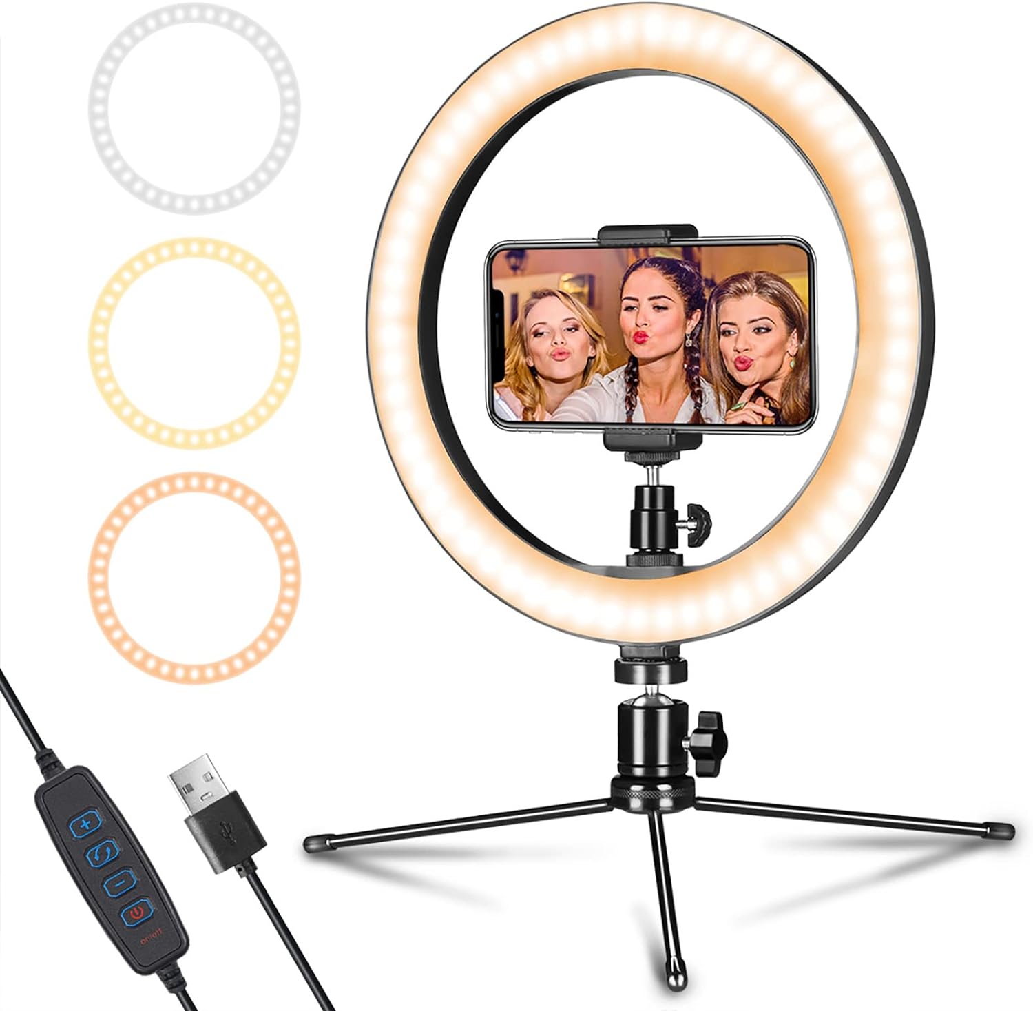 Dimmable Desk Makeup LED Ring Light 10%22 with Tripod Stand %26 Phone Holder for Live Streaming %26 YouTube Video, Photography, Shooting with 3 Light Modes %26 10 Brightness Level