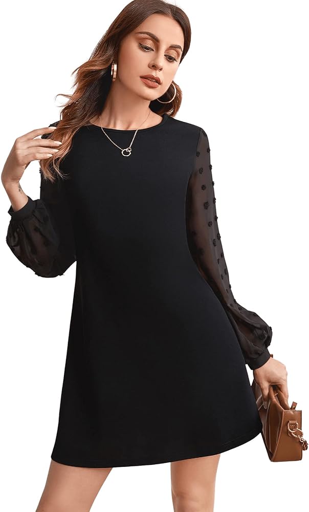 SweatyRocks Women&#39;s Elegant Mesh Contrast Long Sleeve A Line Mini Short Dress