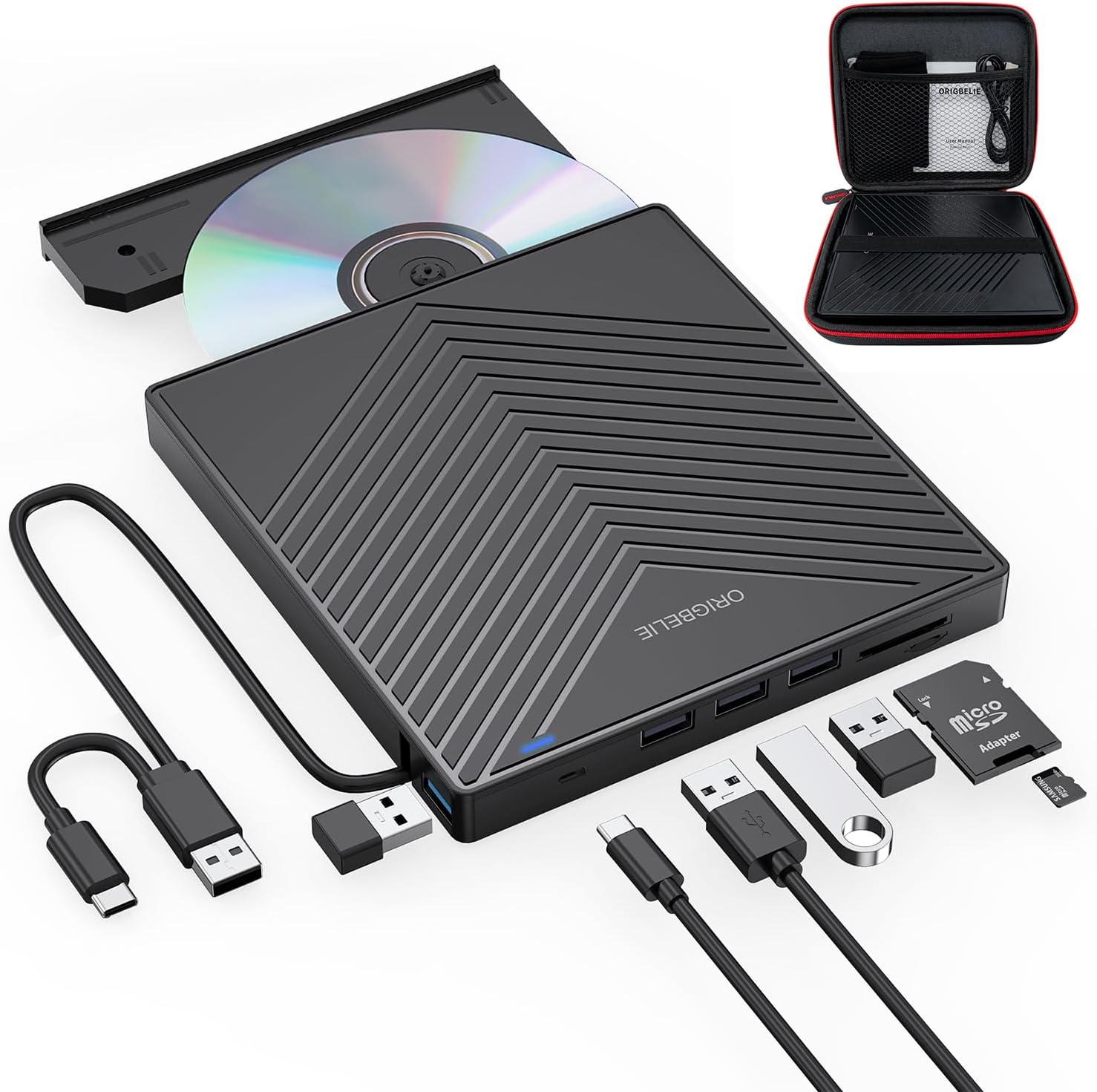 External CD DVD Drive, Ultra Slim CD Burner USB 3.0 with 4 USB Ports and 2 TF/SD Card Slots, Optical Disk Drive for Laptop Mac PC Windows 11/10/8/7 Linux OS with Carrying Case