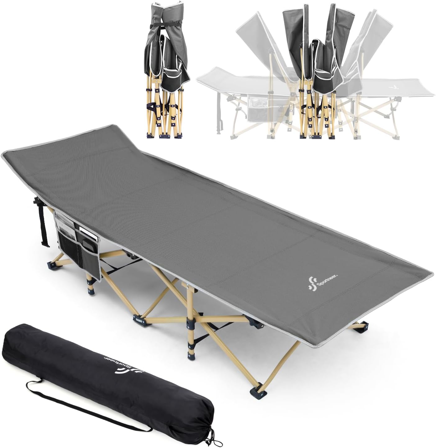 Sportneer Camping Cots for Adults, Camp Cot 2 Side Pockets Cots for Sleeping 450LBS(Max Load) Portable Folding Cots Extra Wider Cot with Carry Bag for Camping Beach Lounging BBQ Hiking Office