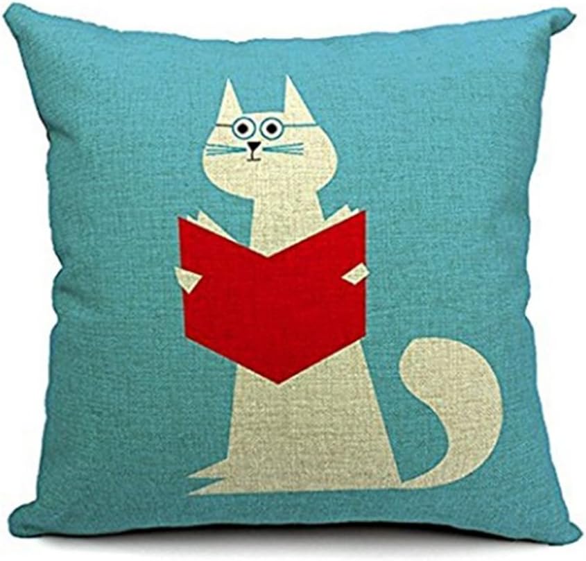 Cartoon Animal Cotton Linen Home Decor Pillowcase Throw Pillow Cushion Cover 18 x 18 Inches (Cute Cat Reading Book)
