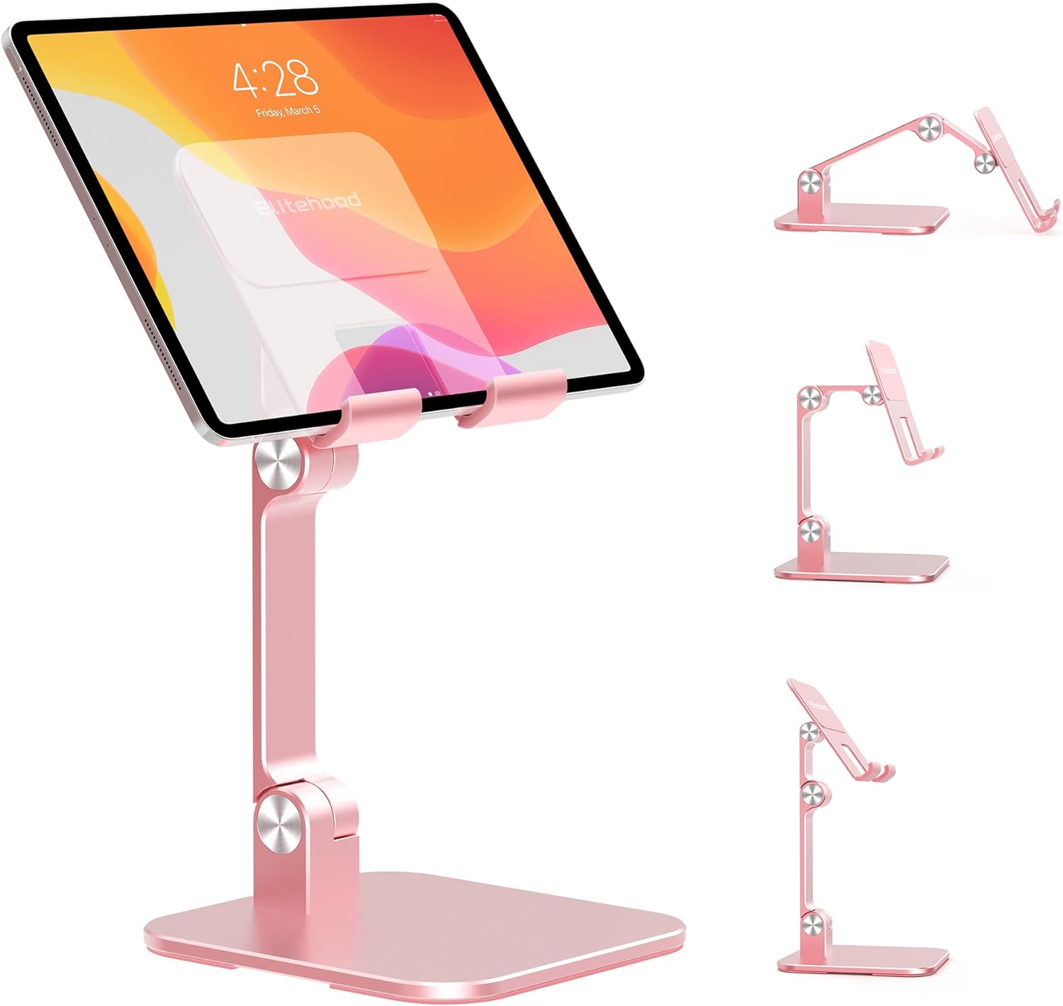 elitehood Aluminum iPad Stand for Desk [Ultra-Stable & Sturdy], Height Adjustable Tablet Stand, Portable Stand Holder Dock for Home Office, Compatible with iPad Pro 12.9, iPad Air Mini 6 5 4 3, Pink