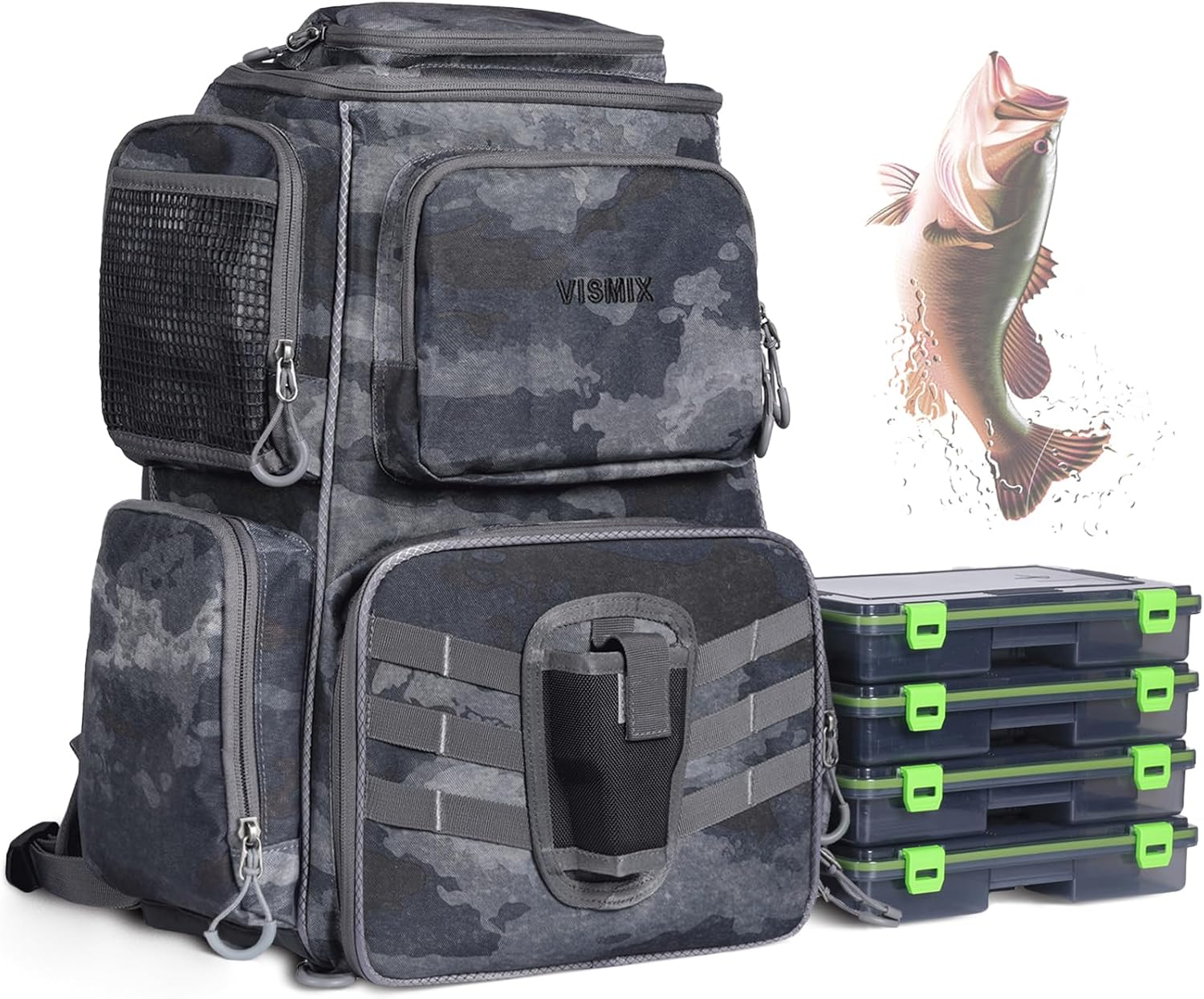 VISMIX Fishing Tackle Backpack with 4 Tackle Boxes Large Waterproof Tackle Bag Storage, Backpack for Trout Fishing Outdoor